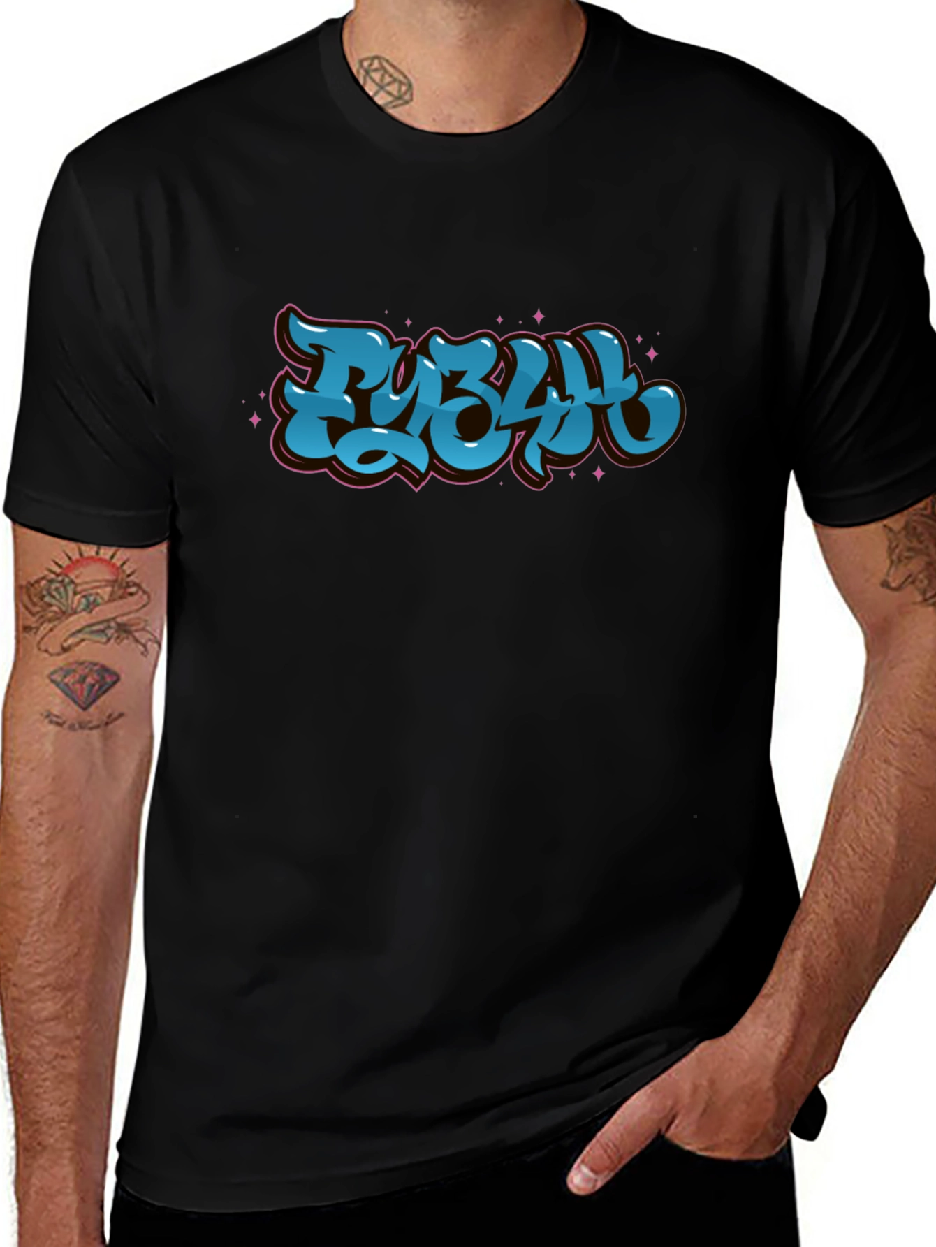 Stylish Black Graphic Tee - Bold Blue Lettering Design