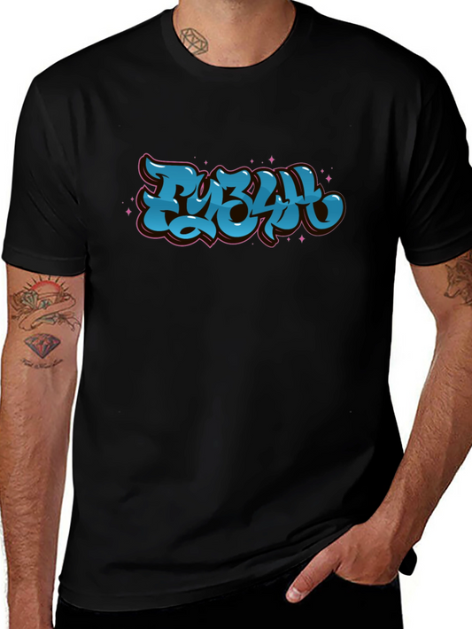 Stylish Black Graphic Tee - Bold Blue Lettering Design
