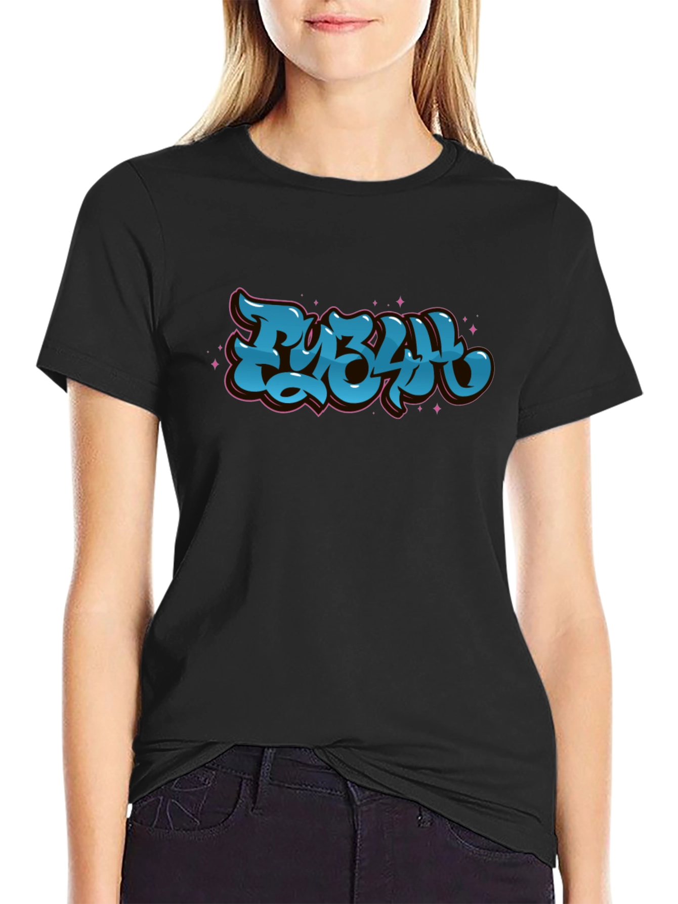 Stylish Black Graphic Tee - Bold Blue Lettering Design