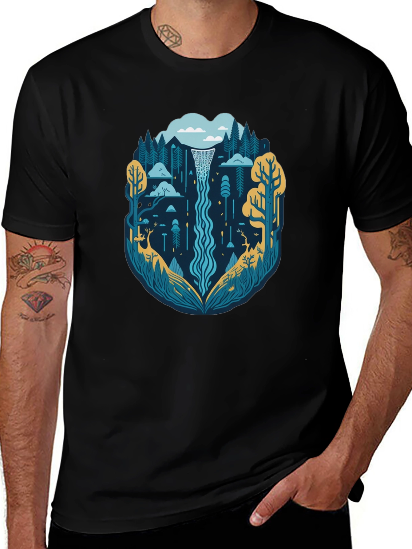 Nature Waterfall Graphic Tee - Stylish Black T-Shirt