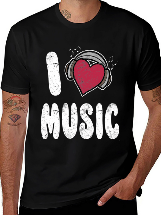 I Heart Music Black T-Shirt - Headphones & Heart Design