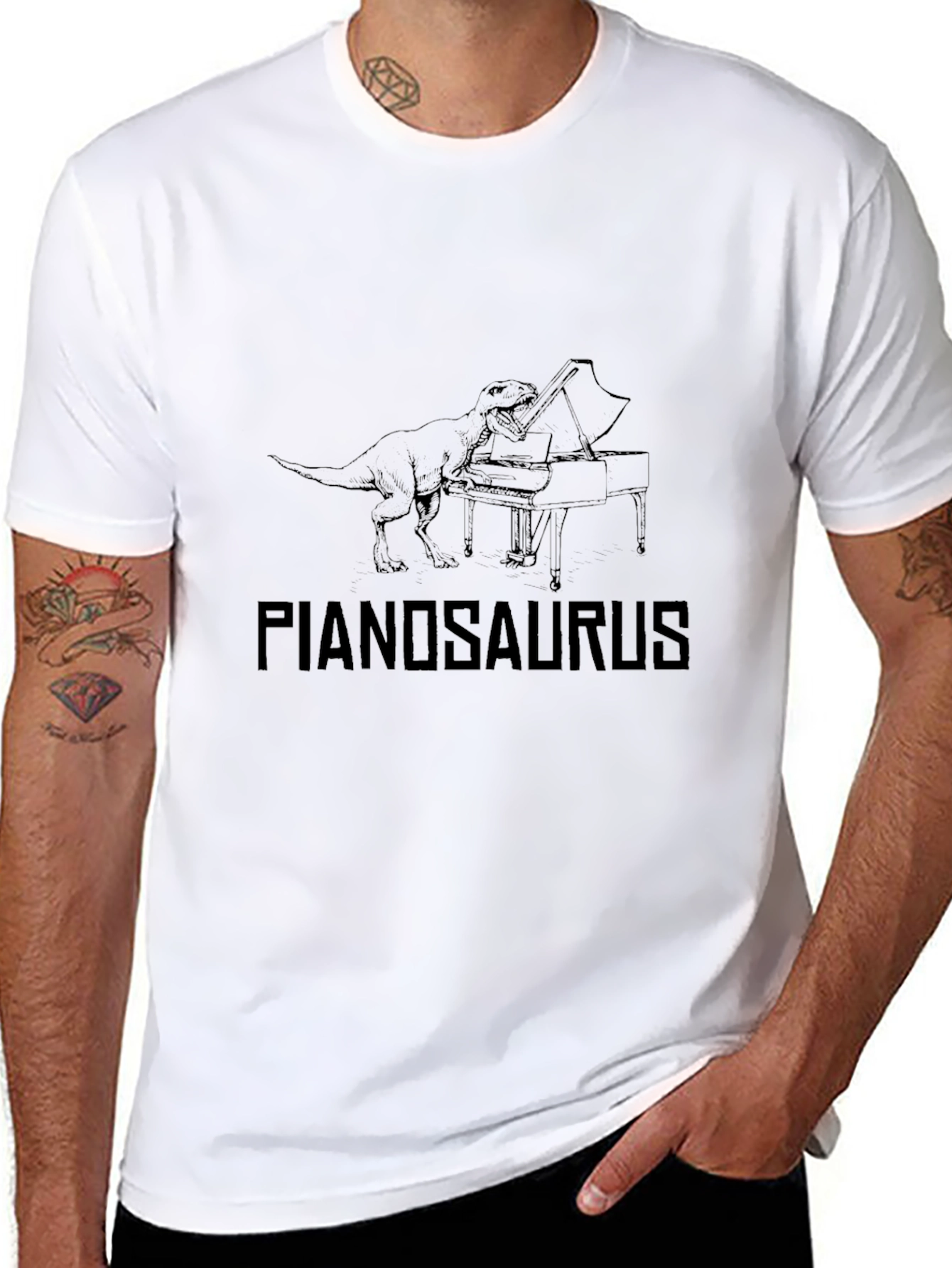 Pianosaurus Black Graphic Tee | Dinosaur Piano Player T-Shirt