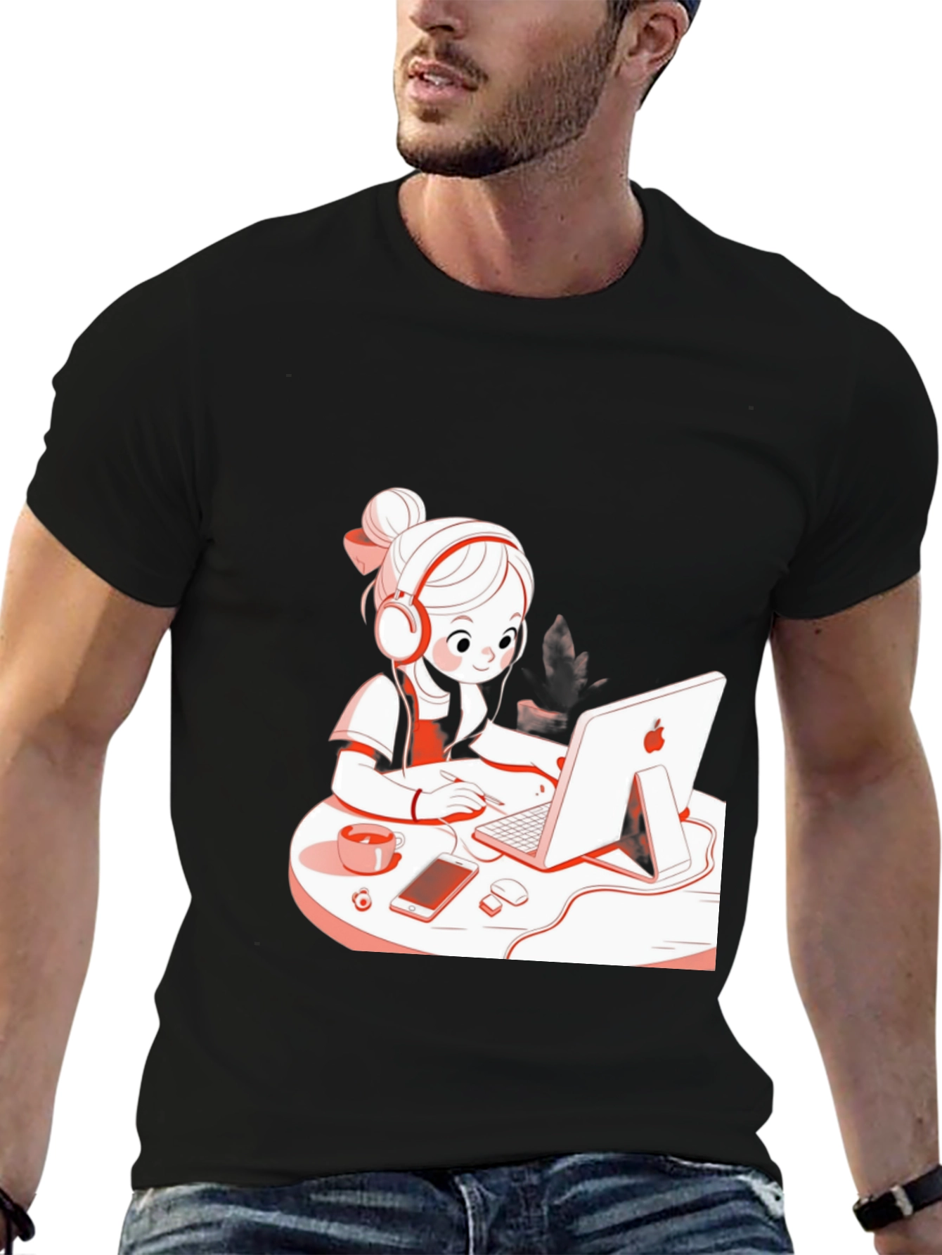 Stylish Black T-Shirt with Cute Girl at Computer Graphic