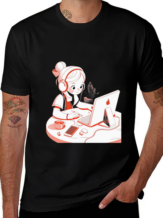 Stylish Black T-Shirt with Cute Girl at Computer Graphic