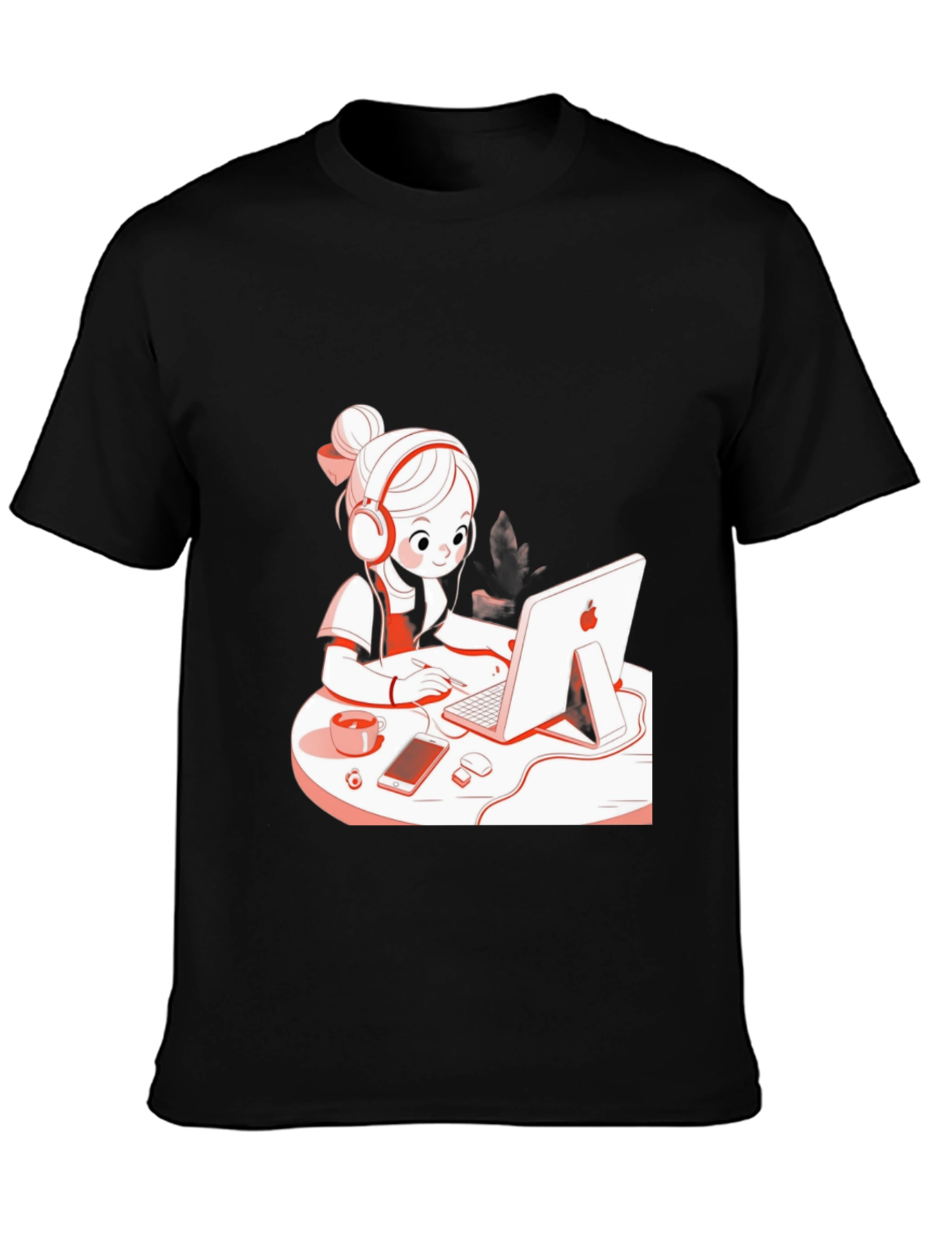 Stylish Black T-Shirt with Cute Girl at Computer Graphic