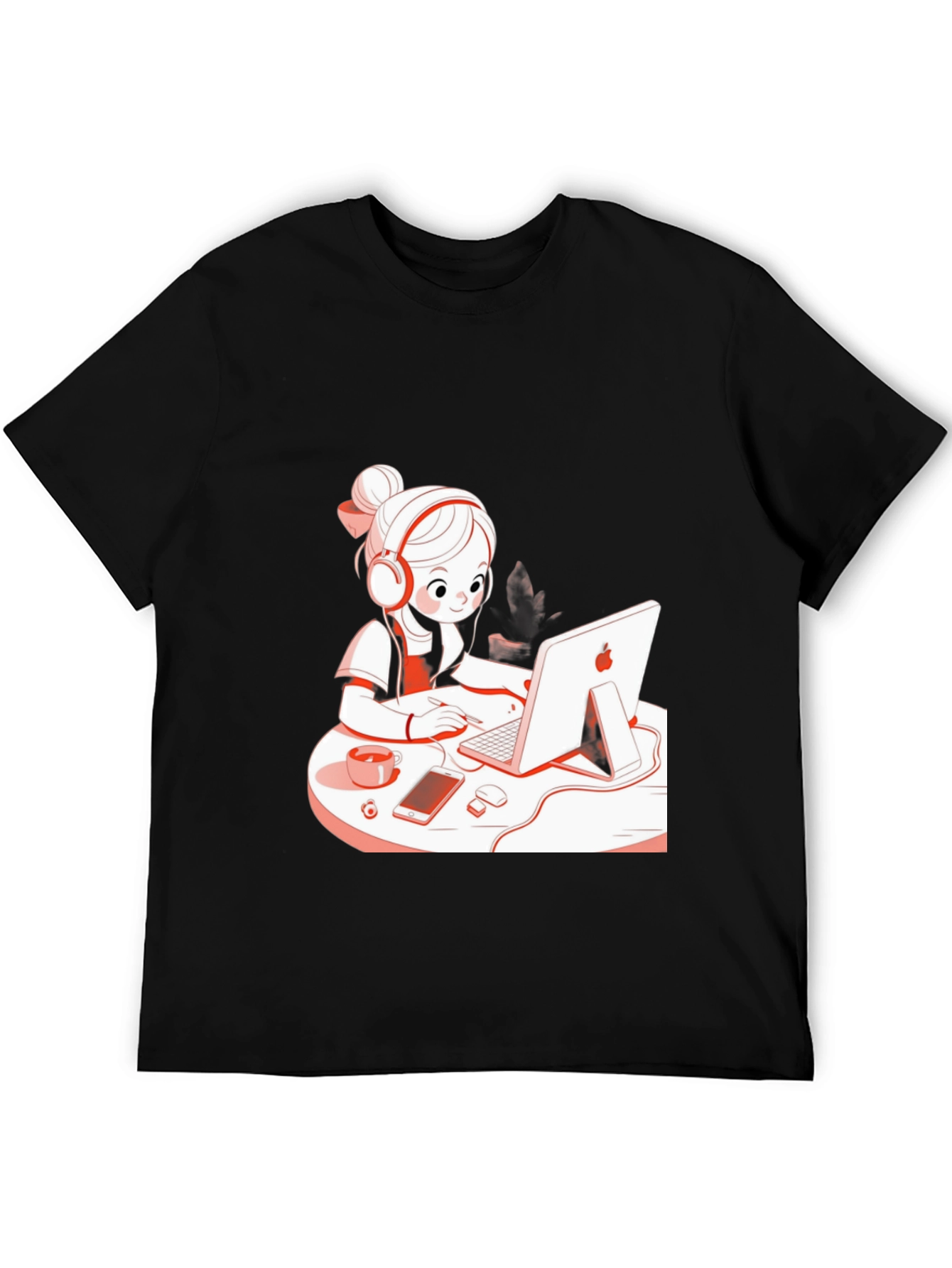 Stylish Black T-Shirt with Cute Girl at Computer Graphic