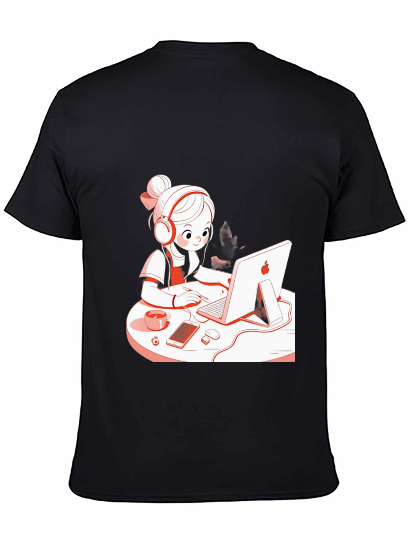 Stylish Black T-Shirt with Cute Girl at Computer Graphic
