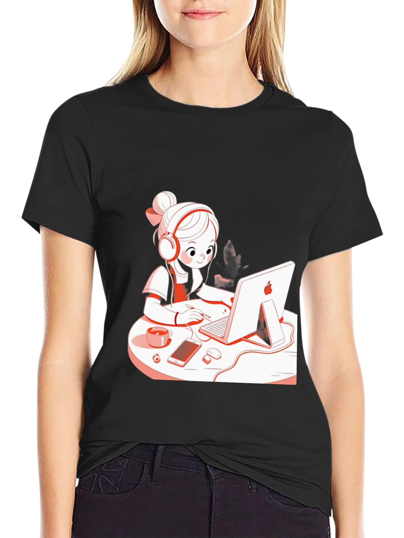 Stylish Black T-Shirt with Cute Girl at Computer Graphic
