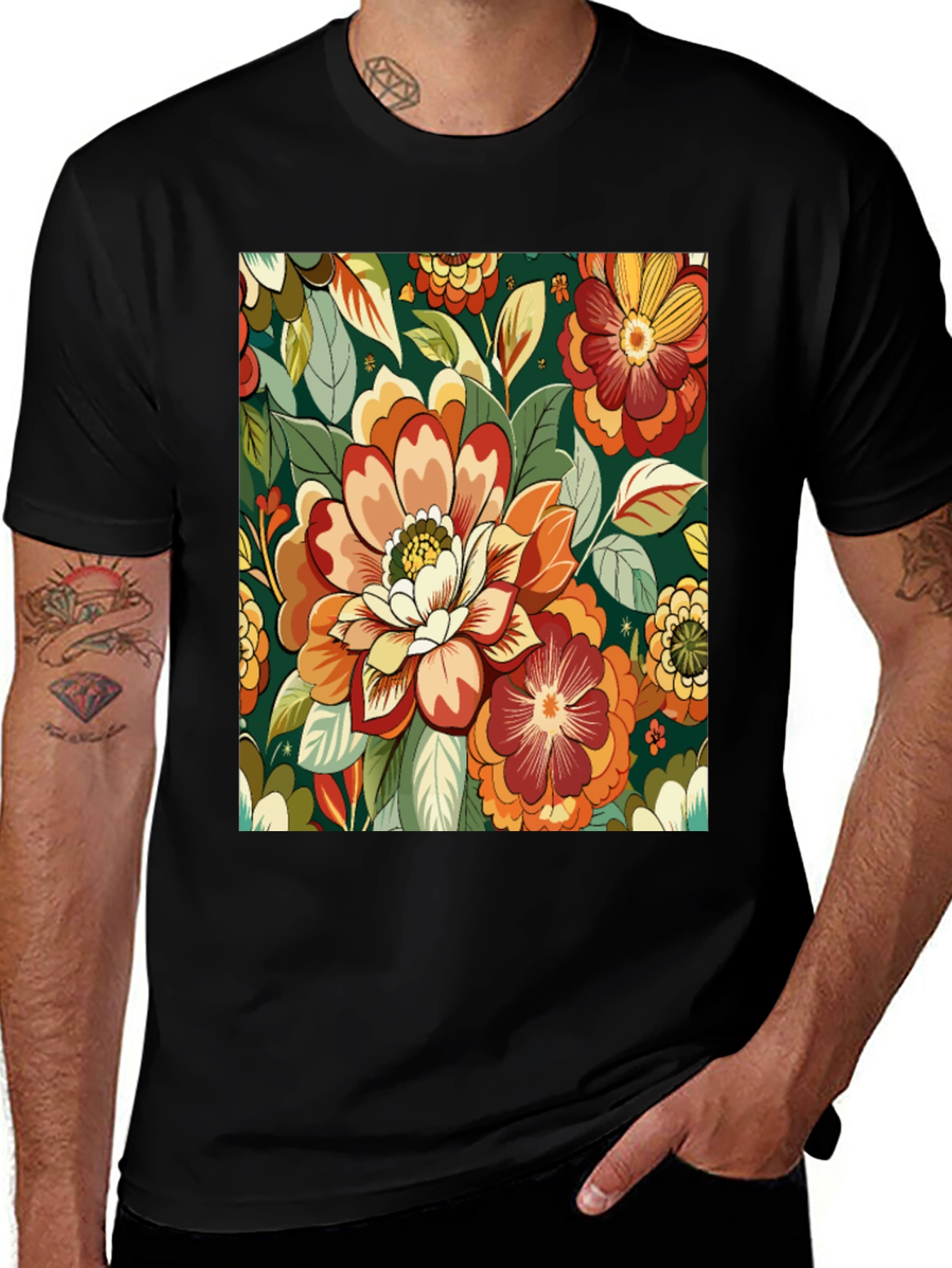 Floral Pattern Black T-Shirt