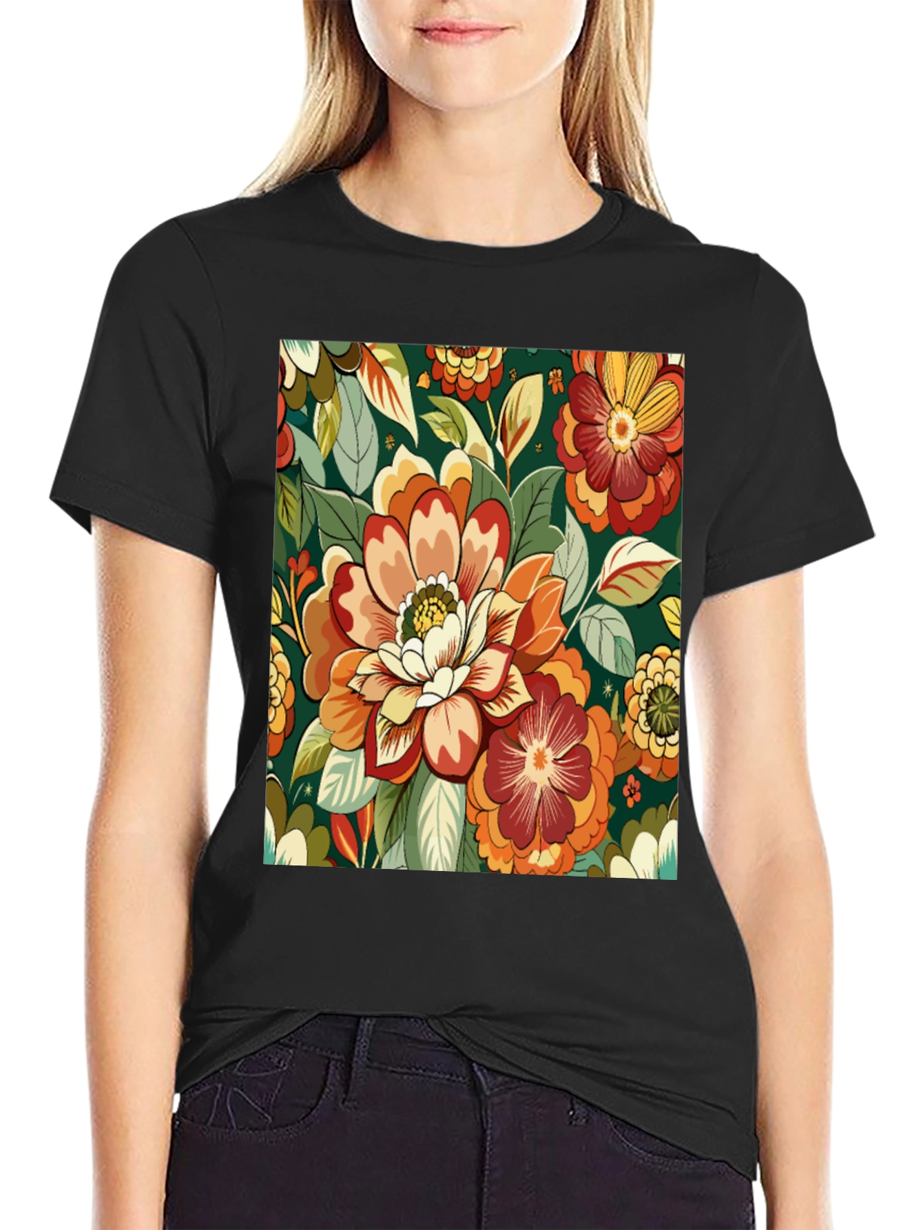 Floral Pattern Black T-Shirt