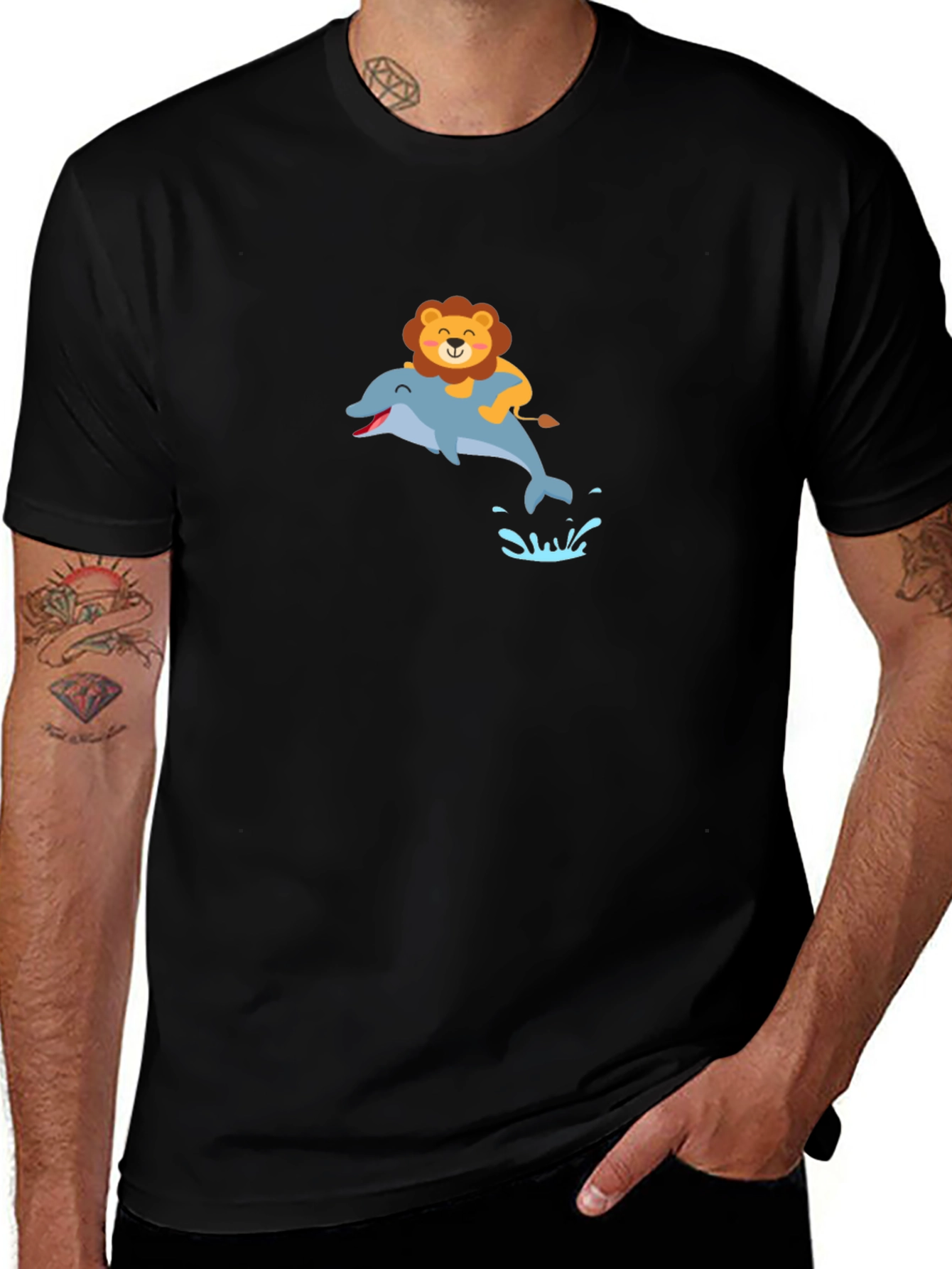 Lion Riding Dolphin Black T-Shirt