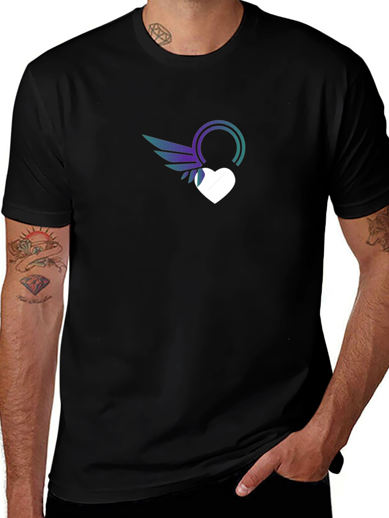Stylish Black T-Shirt with Heart & Wings Graphic Print