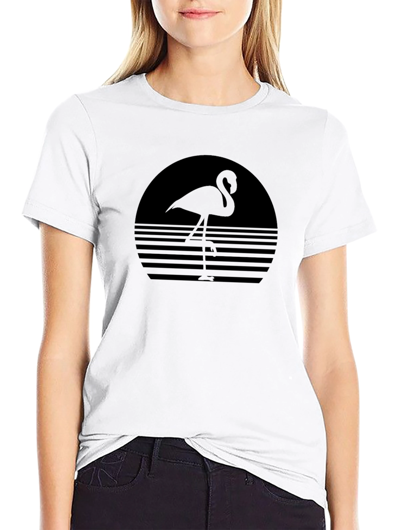 Retro Flamingo Graphic Tee - Black Cotton Blend