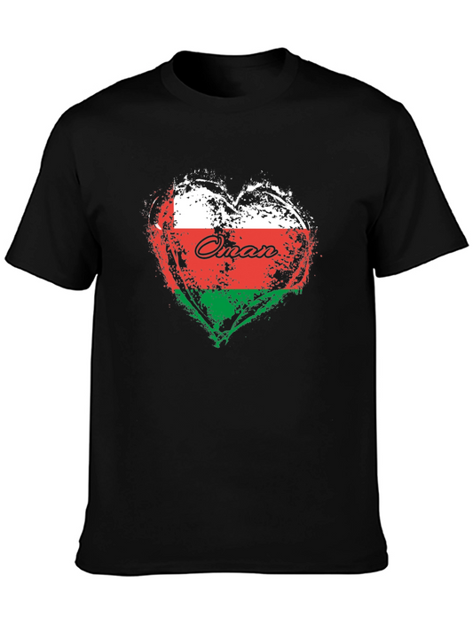 Oman Flag Heart T-Shirt Black Cotton Casual Tee