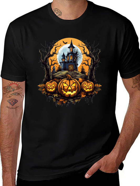 Halloween T-Shirt - Spooky House & Pumpkins Design