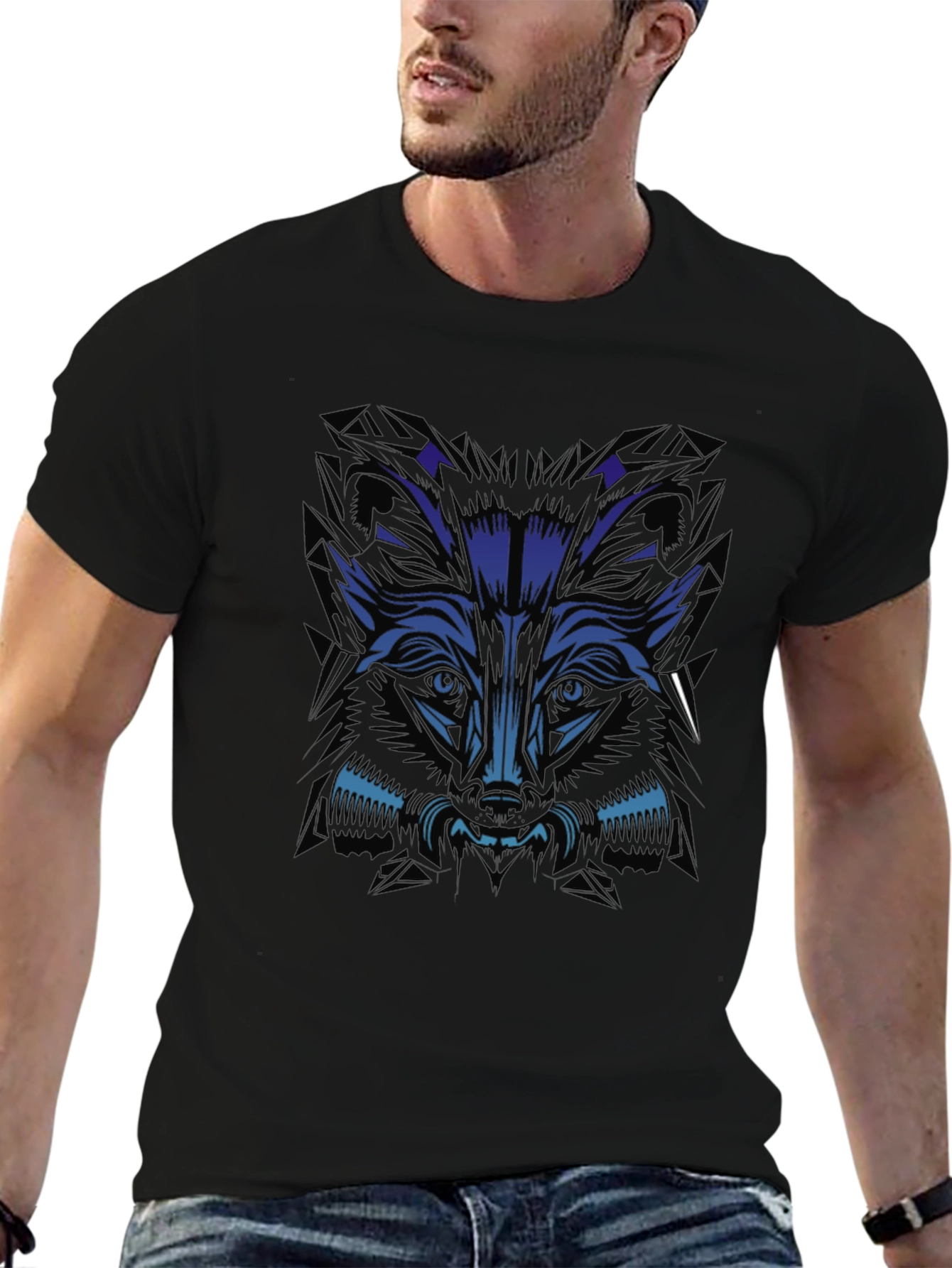 Mens Black T-Shirt with Blue Wolf Graphic
