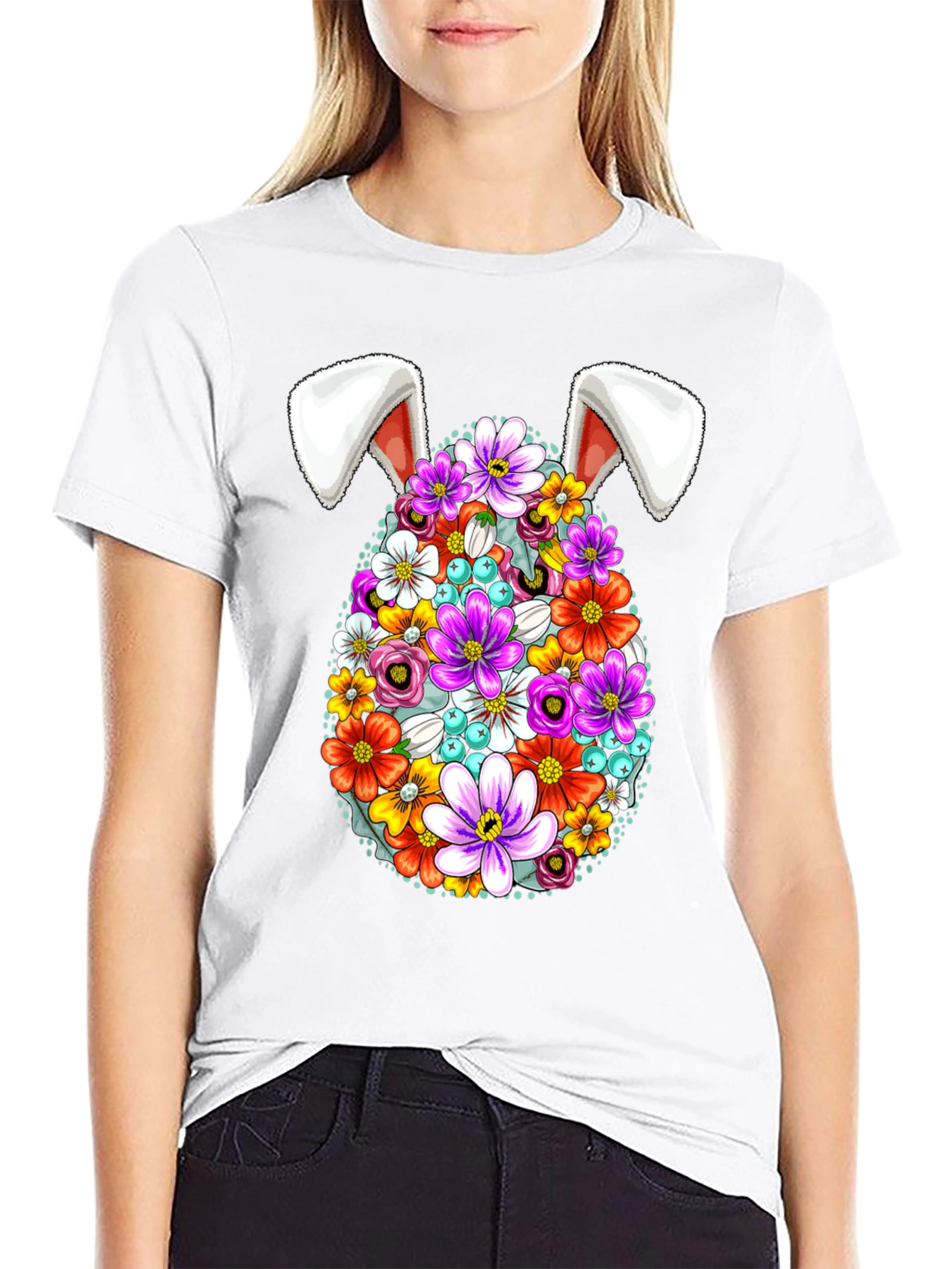 Easter Floral Egg Bunny Ears Graphic Tee