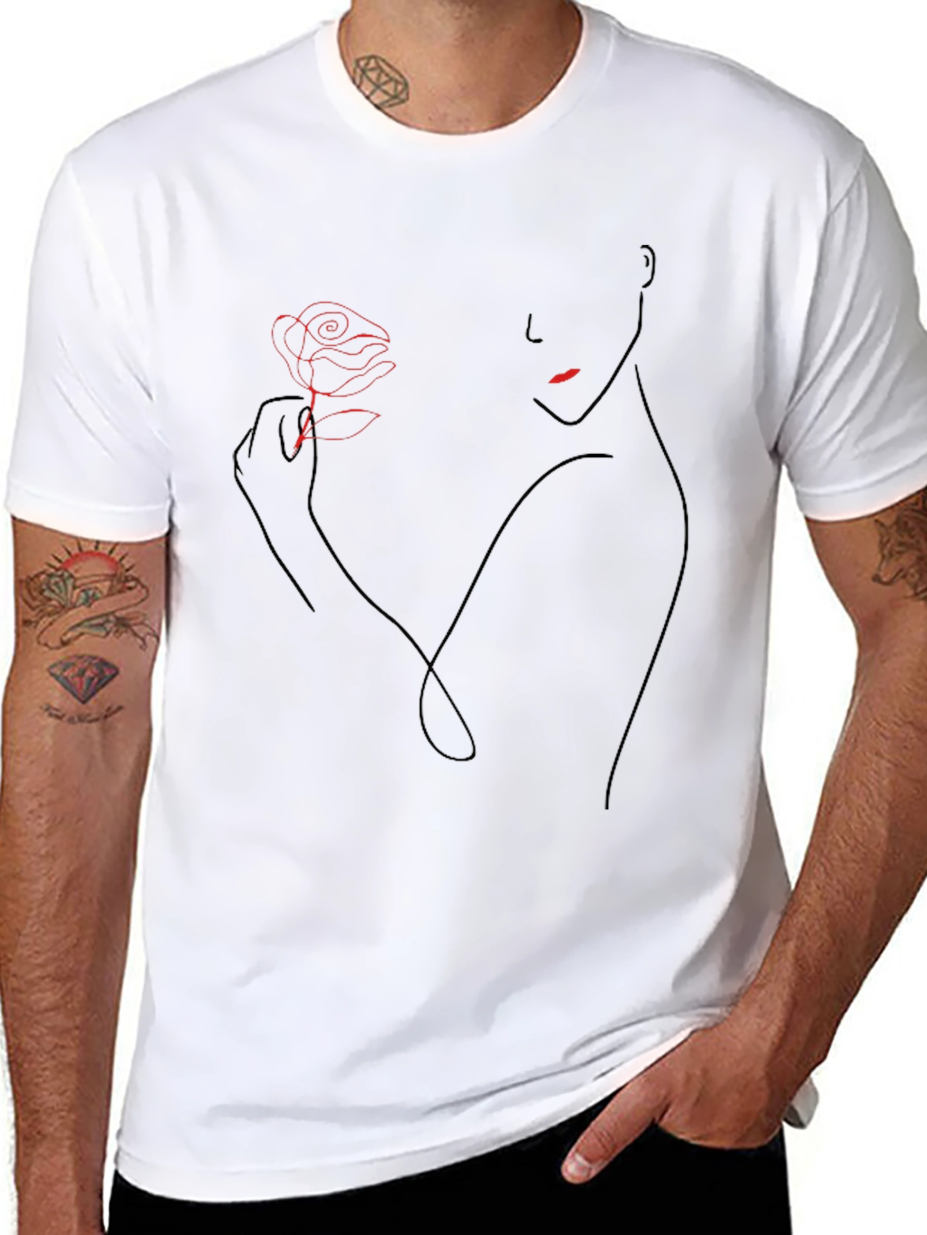 Elegant Rose Line Art Black T-Shirt