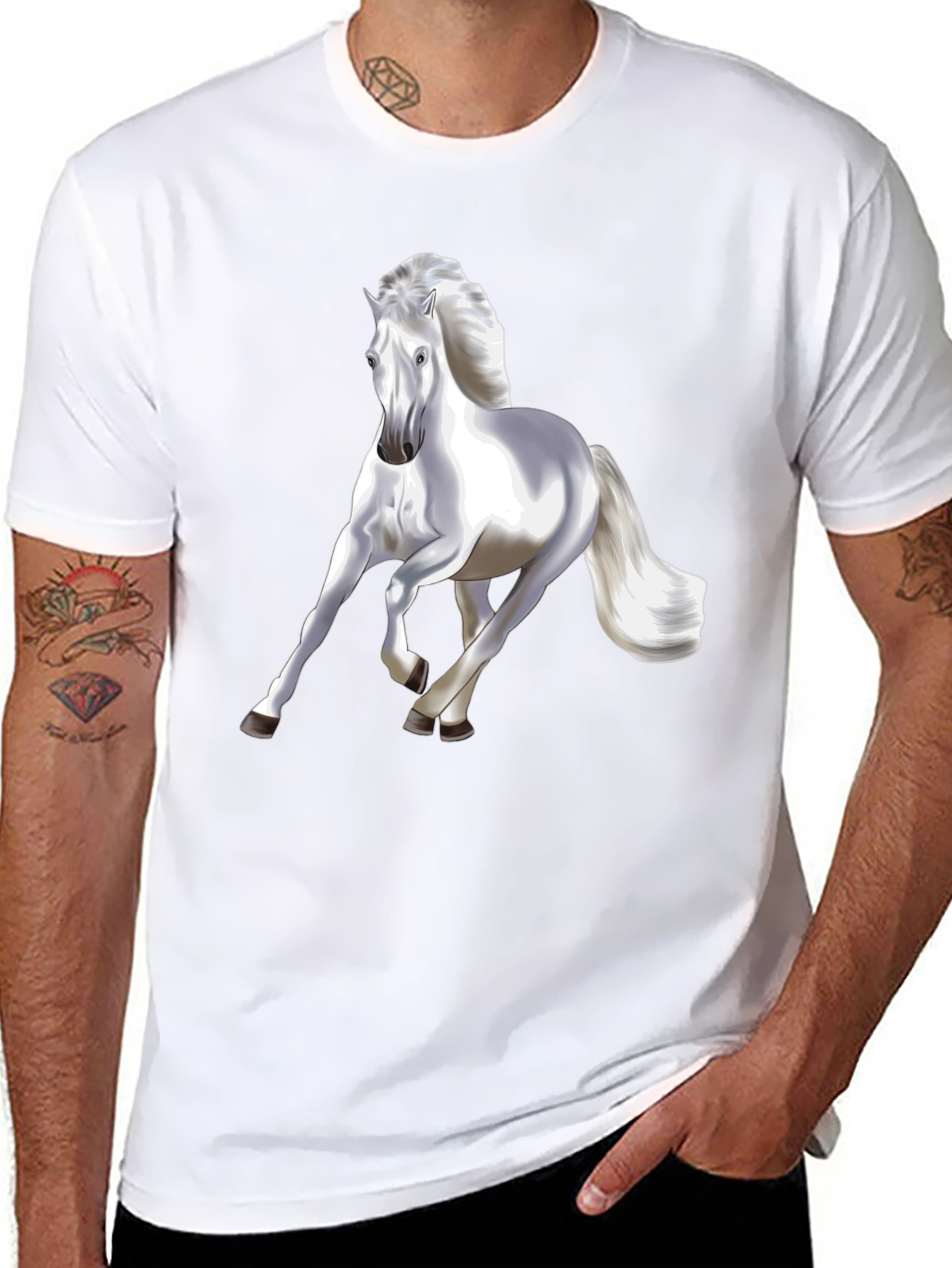 Majestic White Horse Graphic T-Shirt - Black