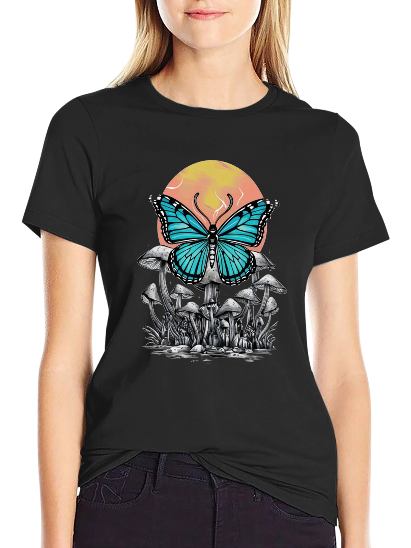 Butterfly Mushroom Graphic Tee - Black