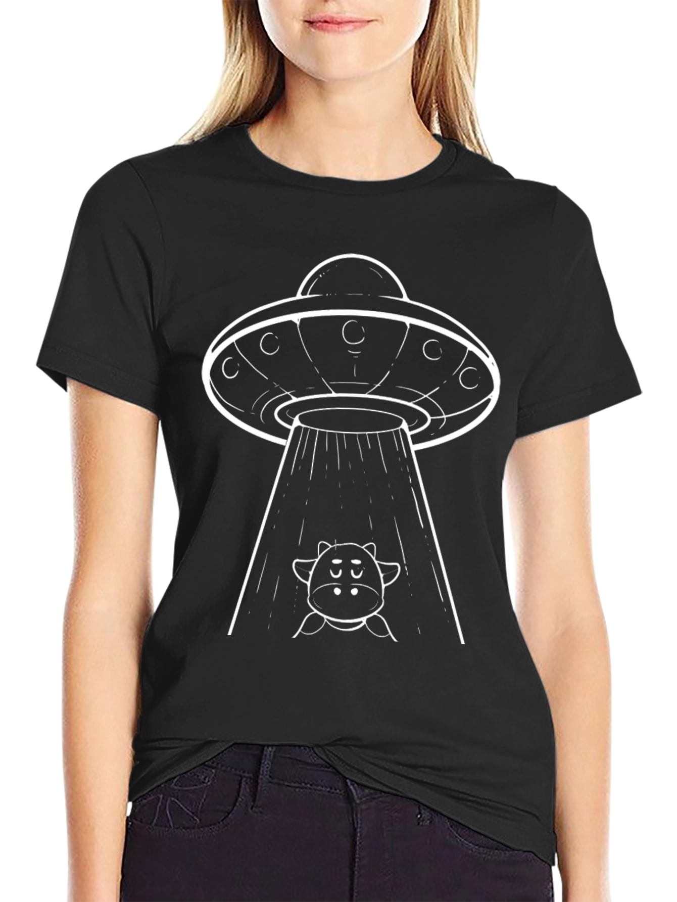 UFO Cow Abduction Graphic Tee - Black Cotton T-Shirt