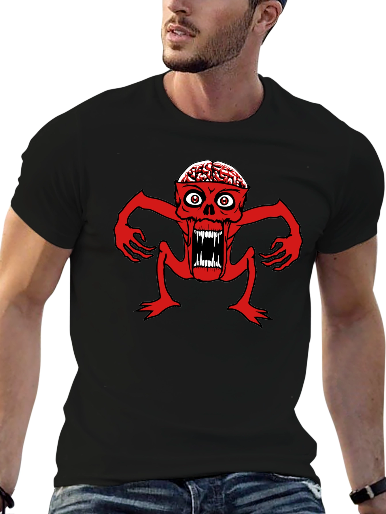 Brain Eating Monster Graphic T-Shirt - Black