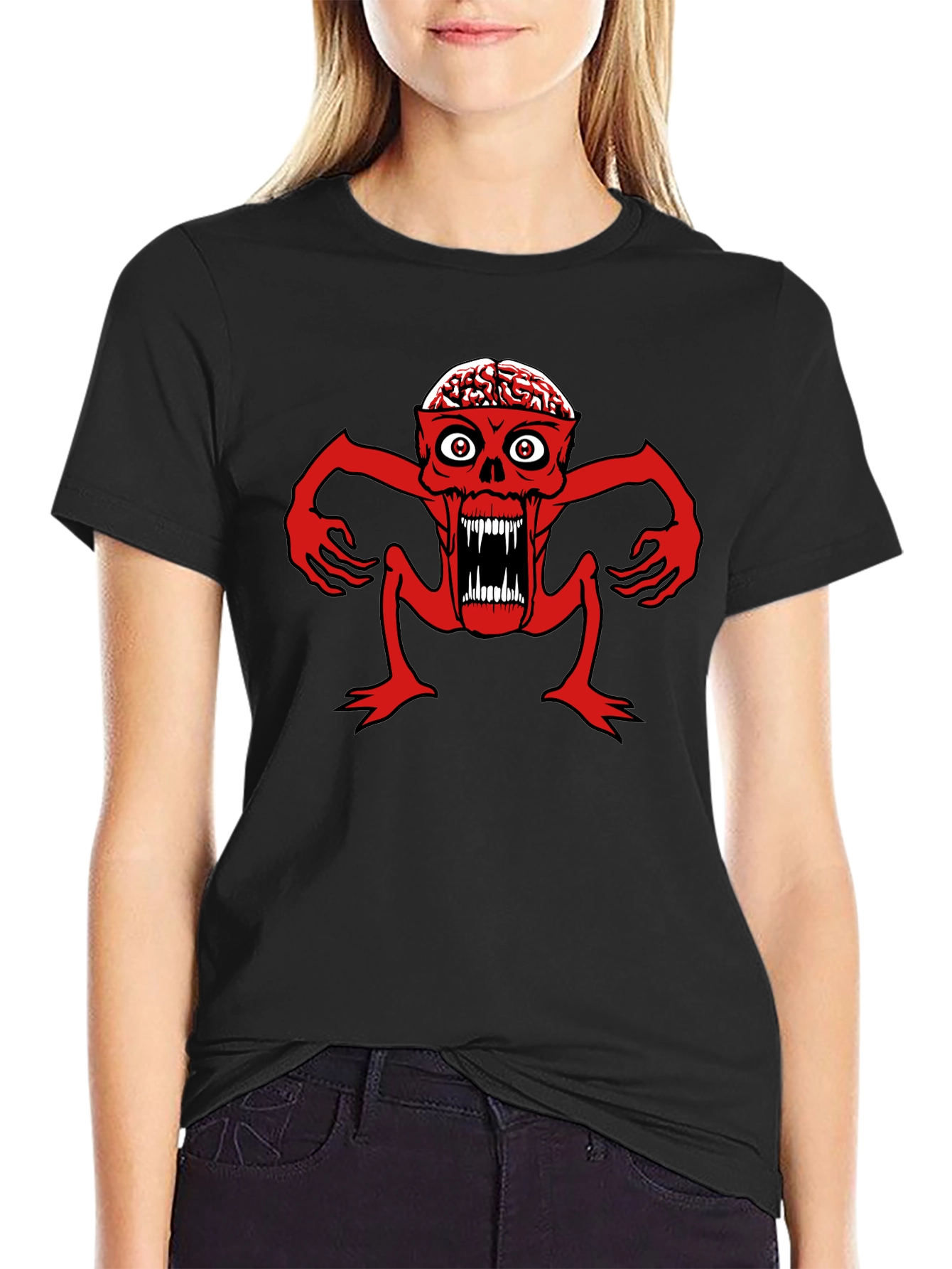 Brain Eating Monster Graphic T-Shirt - Black