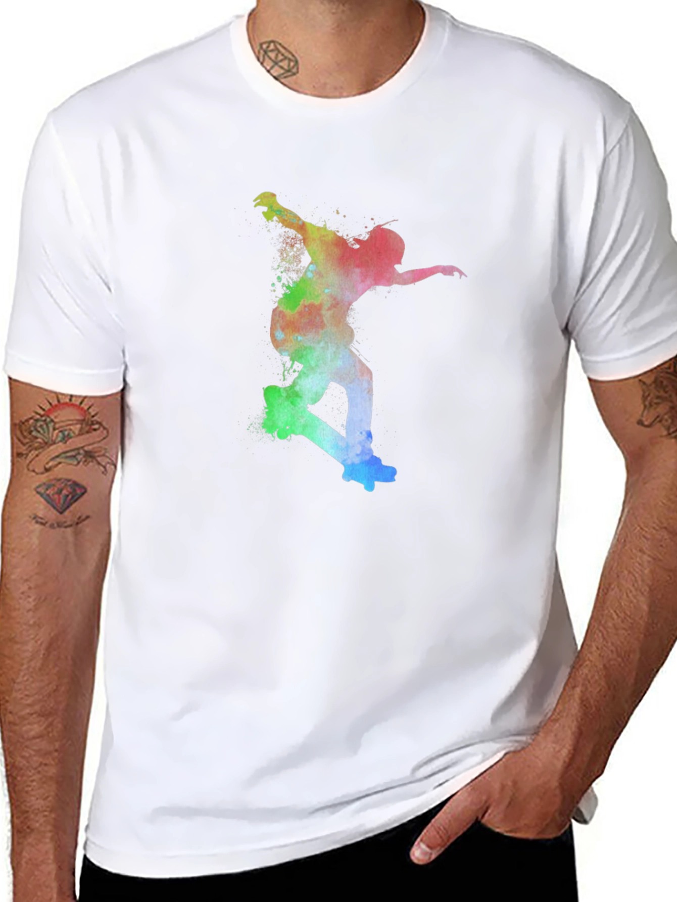 Skateboarder Rainbow Art Print Black T-Shirt