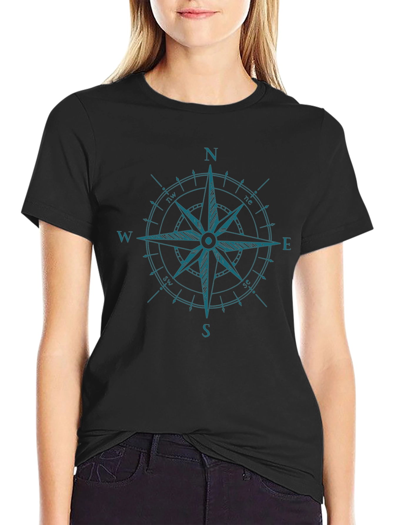 Nautical Compass Rose Black Graphic T-Shirt