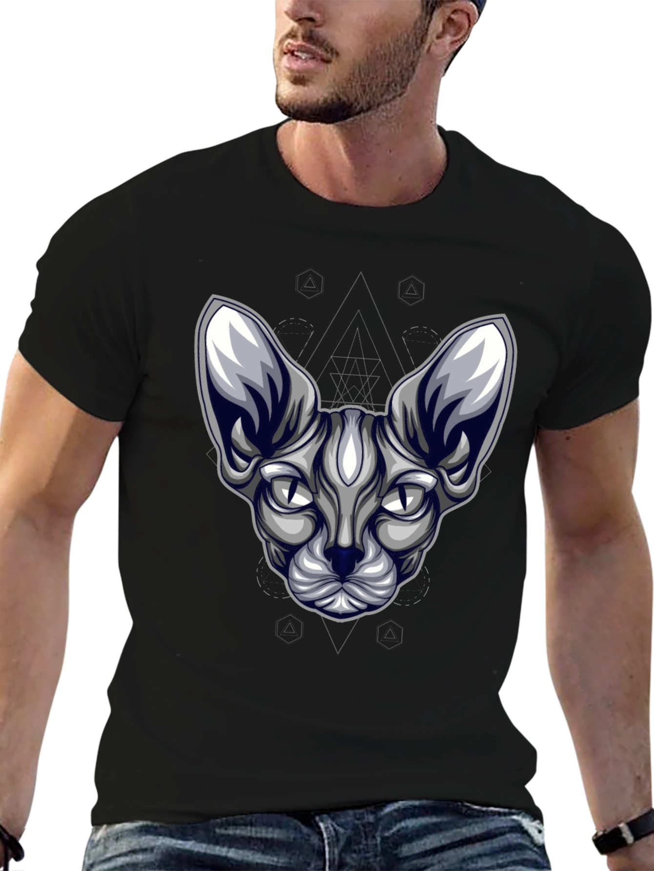 Sphynx Cat Head Graphic Tee - Unisex Black T-Shirt