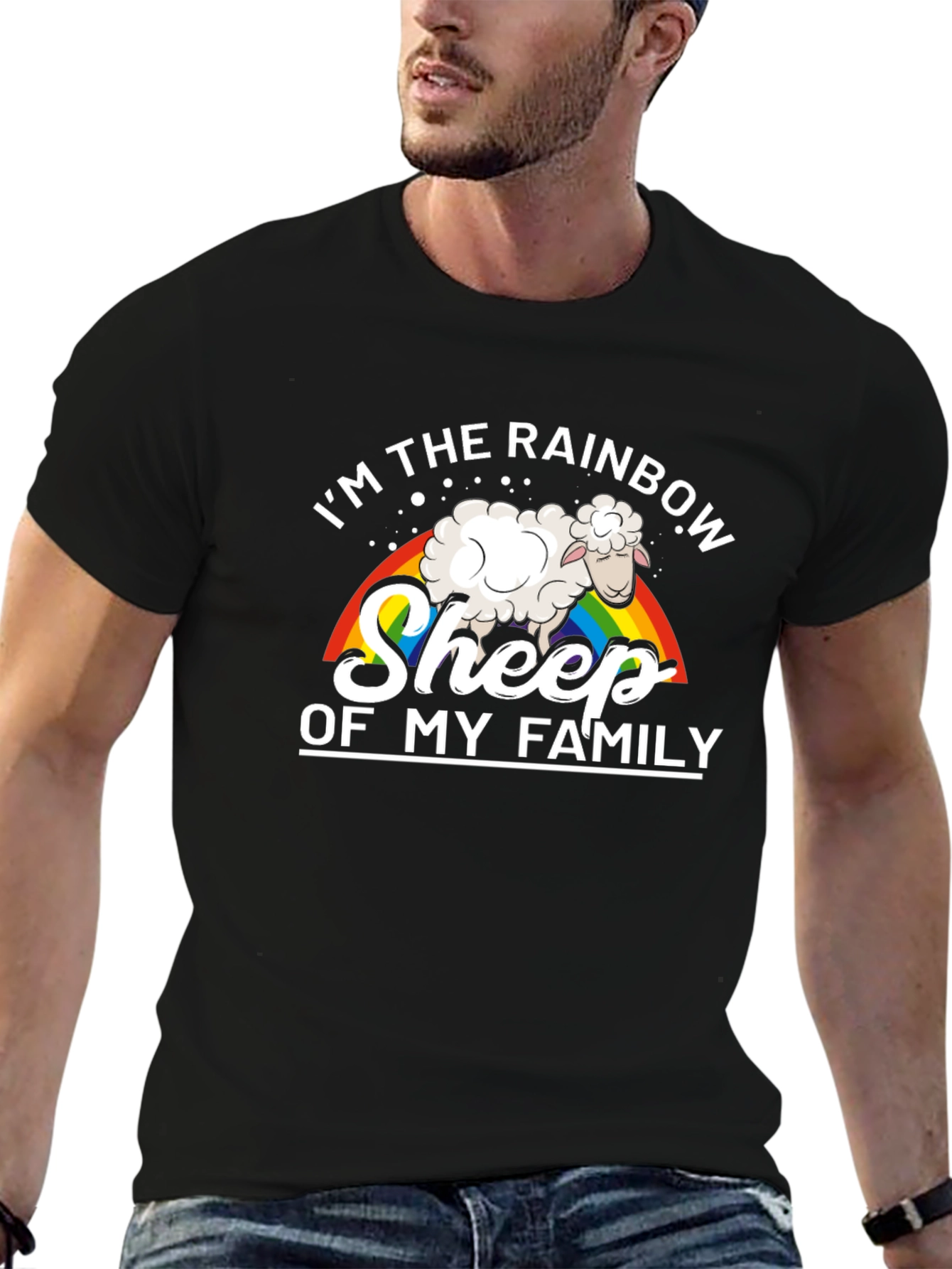 Rainbow Sheep Family Black T-Shirt