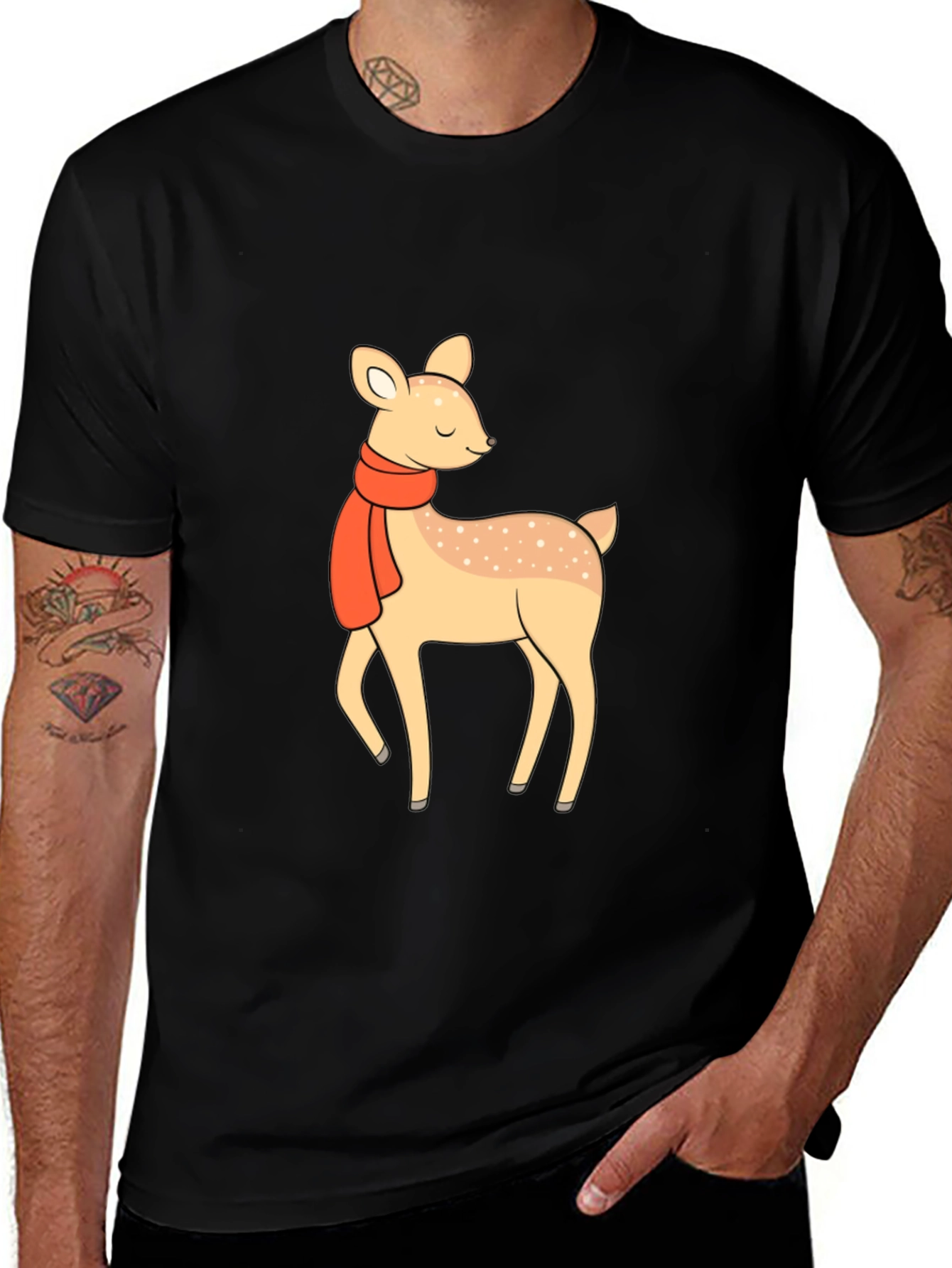 Cute Deer with Scarf Black Graphic Tee
