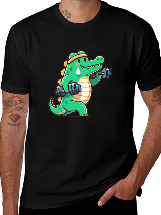 Gym Gator Black T-Shirt - Fitness Alligator Cartoon Design
