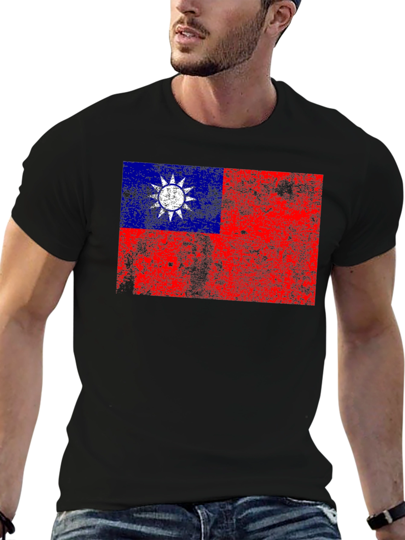 Distressed Taiwan Flag Graphic Tee - Black