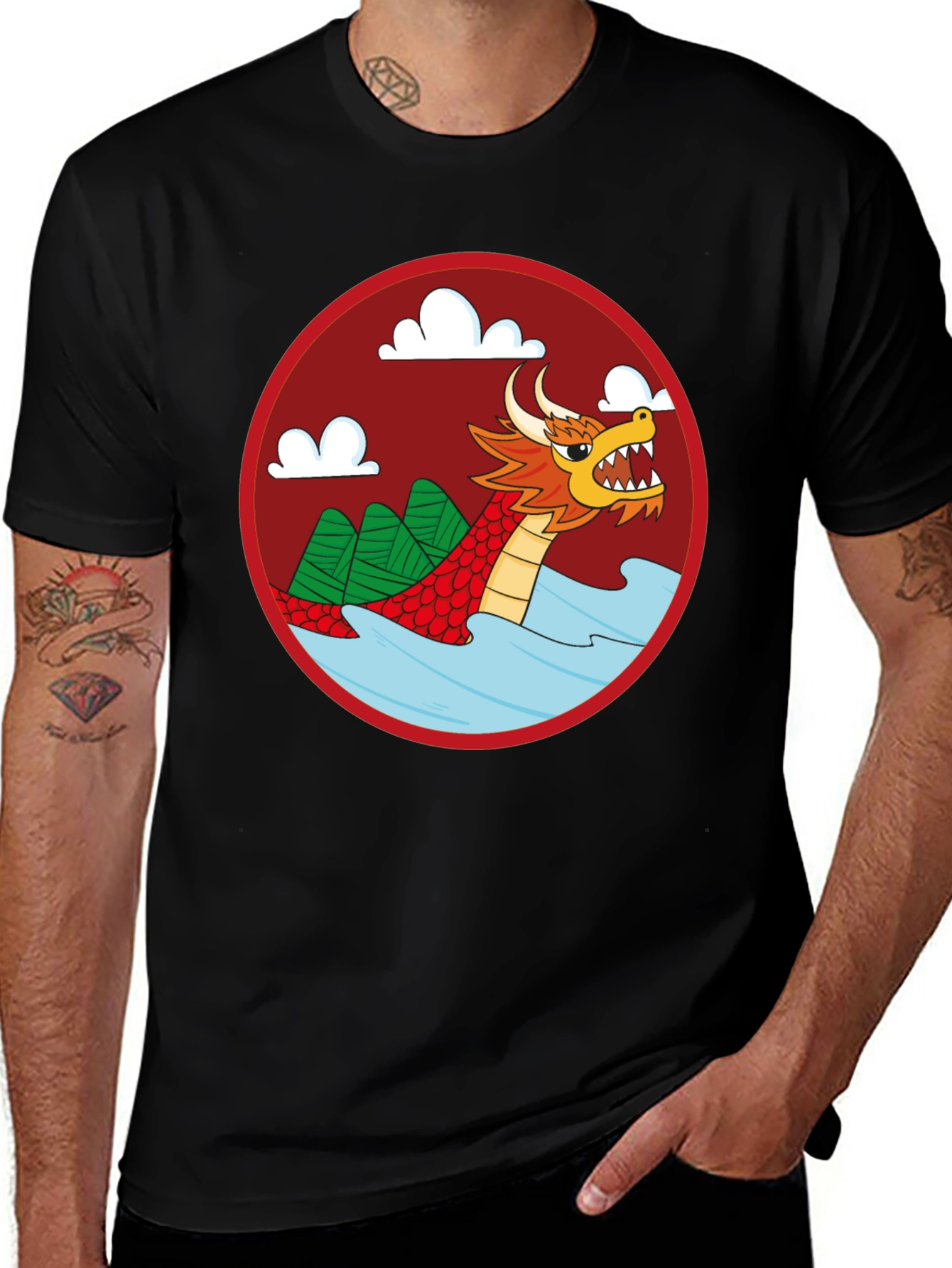 Dragon Graphic Tee - Black Crew Neck Cotton T-Shirt
