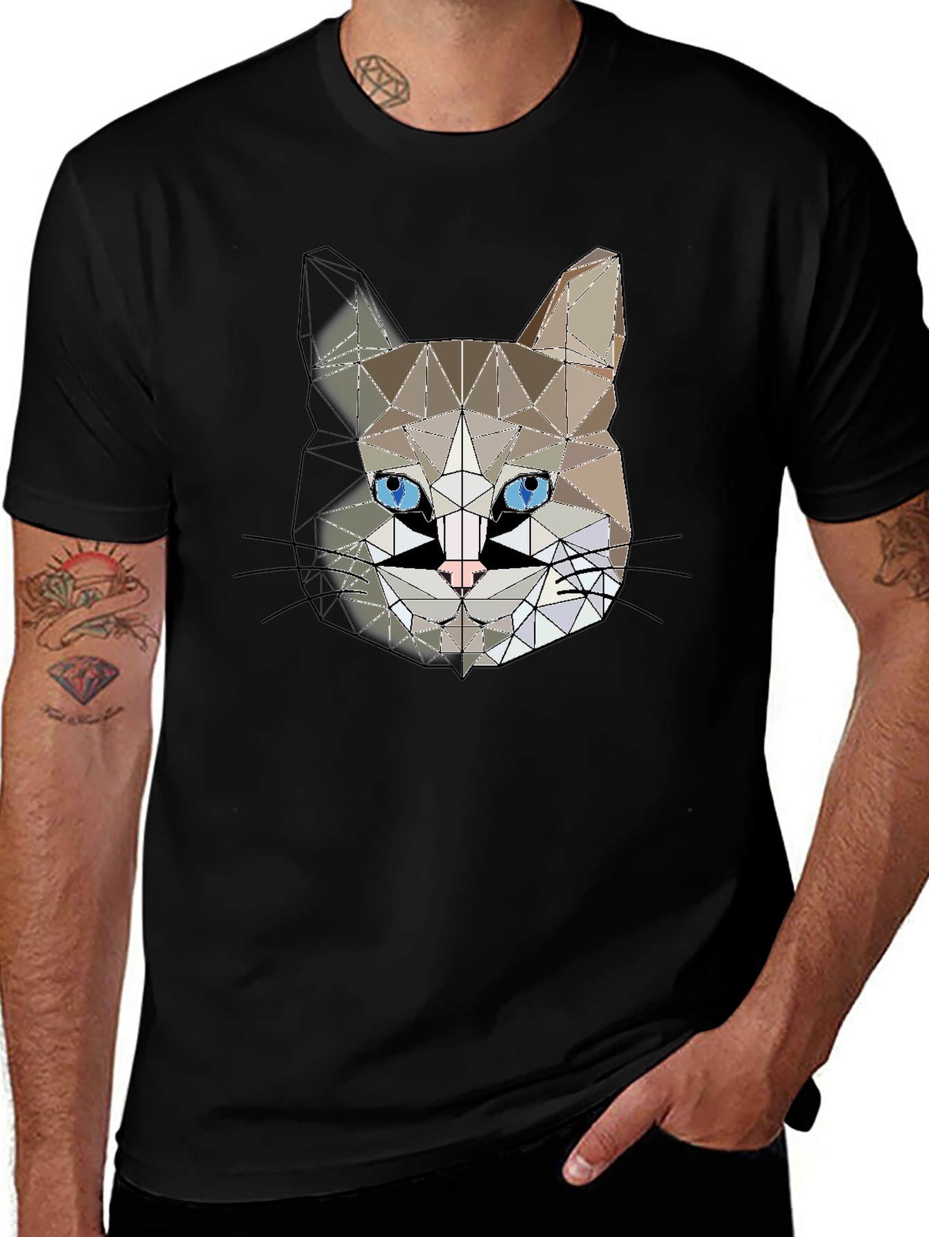 Geometric Cat Head Graphic Black T-Shirt