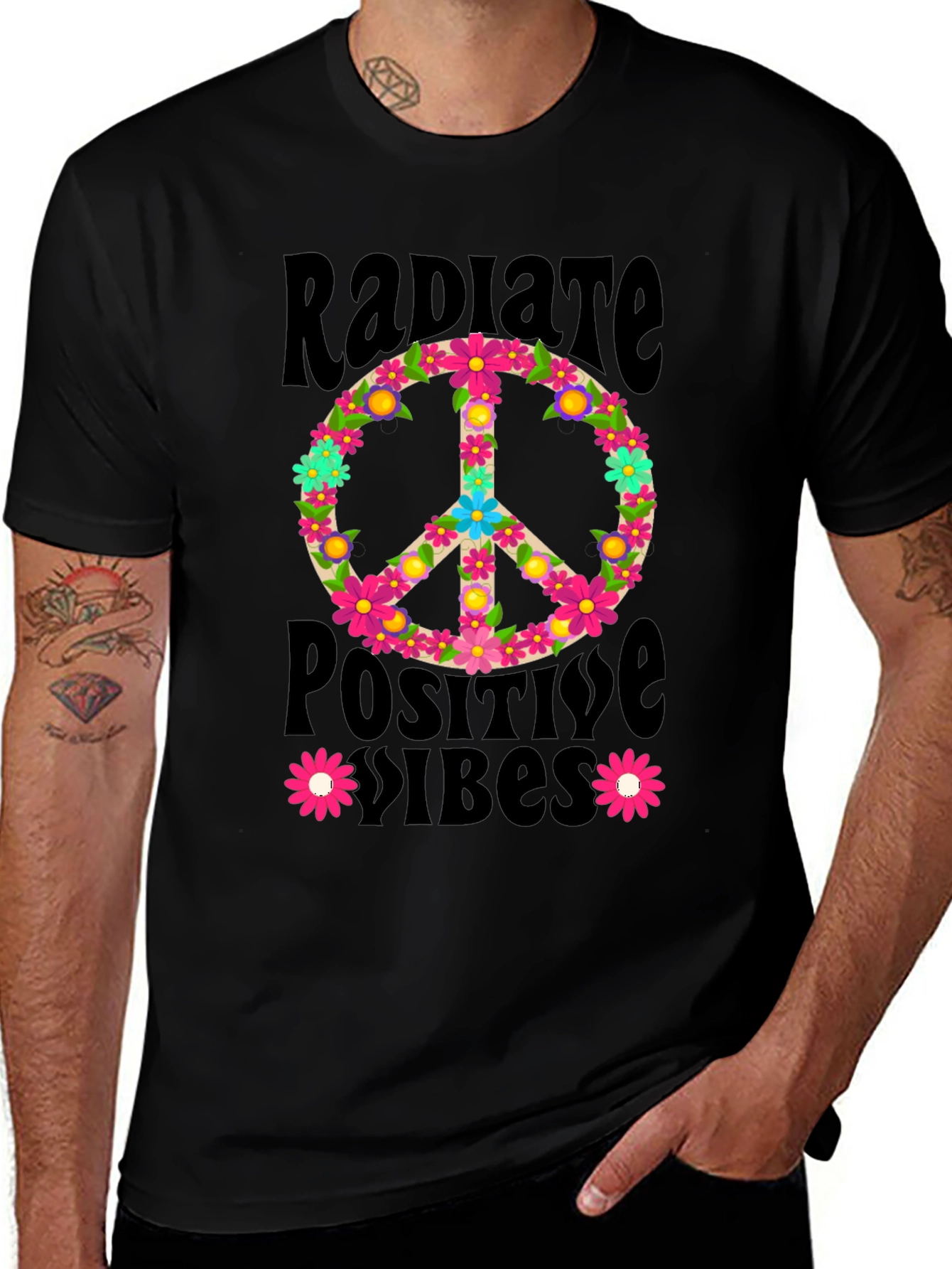 Radiate Positive Vibes Floral Peace Sign Graphic Tee