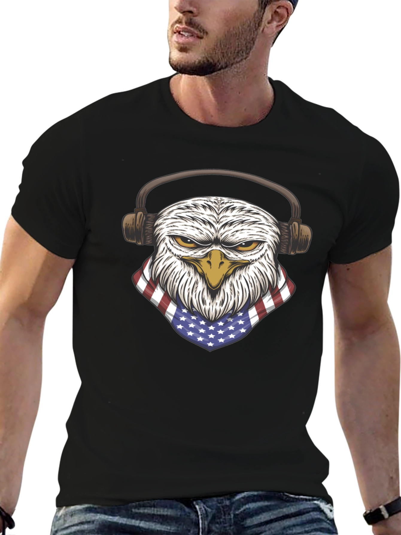 Patriotic Eagle with Headphones Graphic T-Shirt