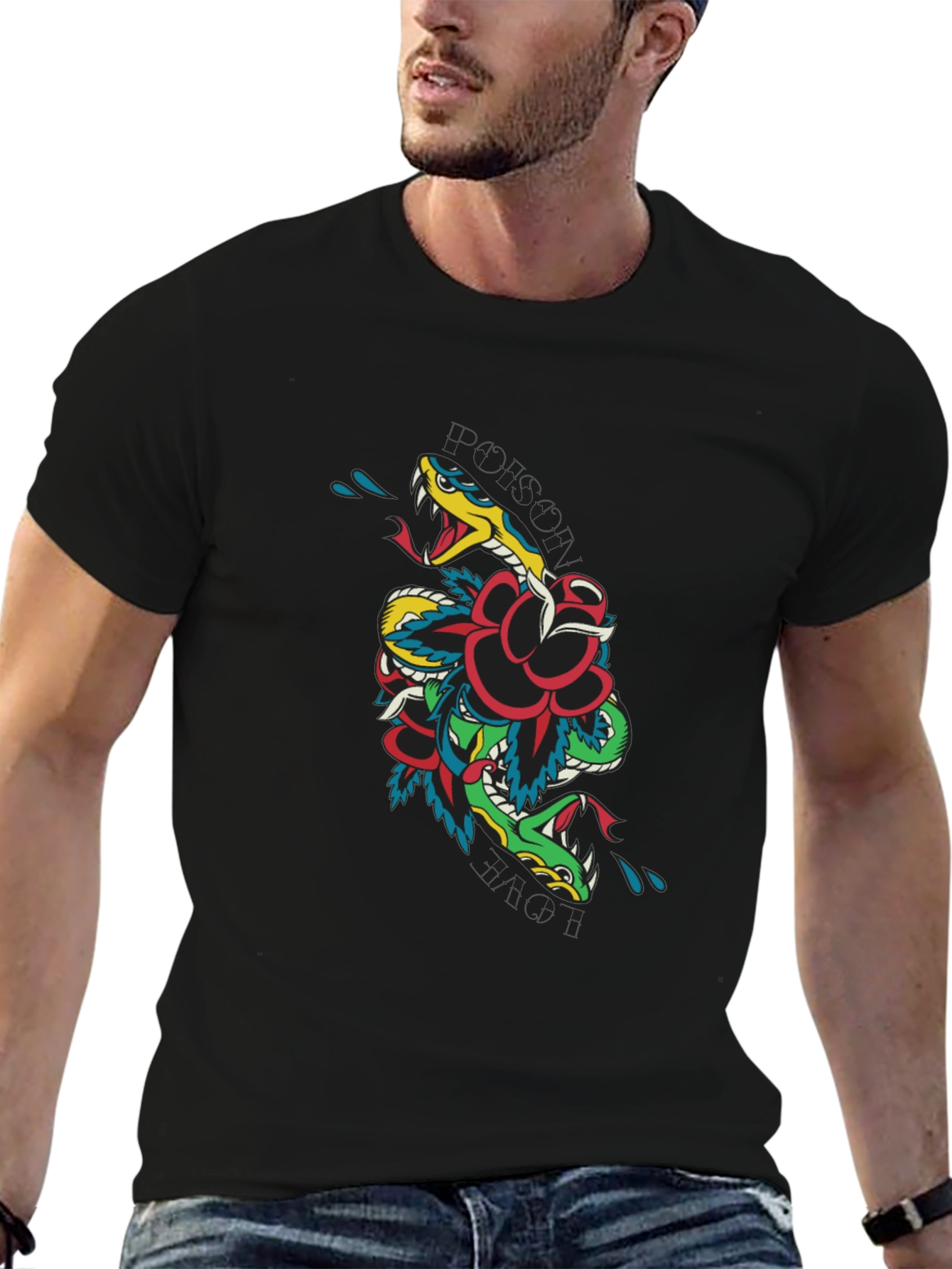 Snake & Rose Graphic T-Shirt - Edgy Tattoo Style