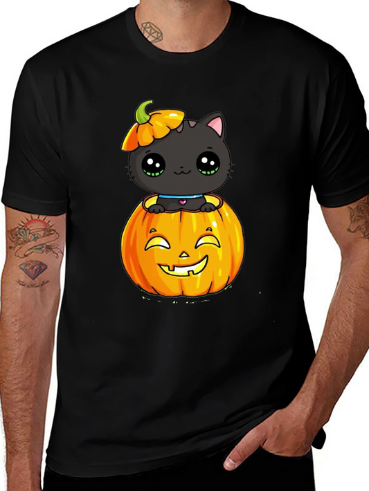Halloween Cat in Pumpkin Black T-Shirt