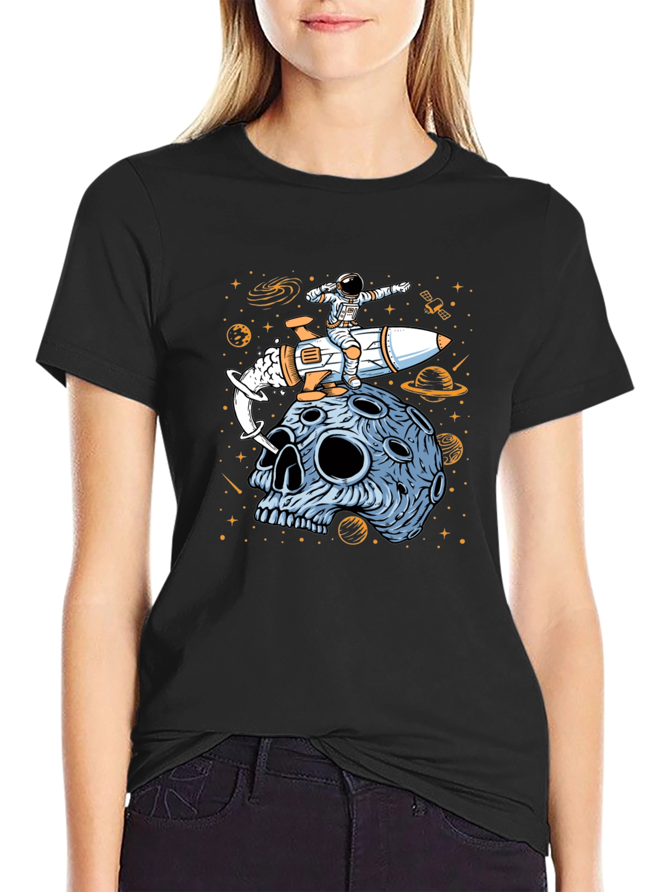 Astronaut Rocket Moon Skull Graphic T-Shirt