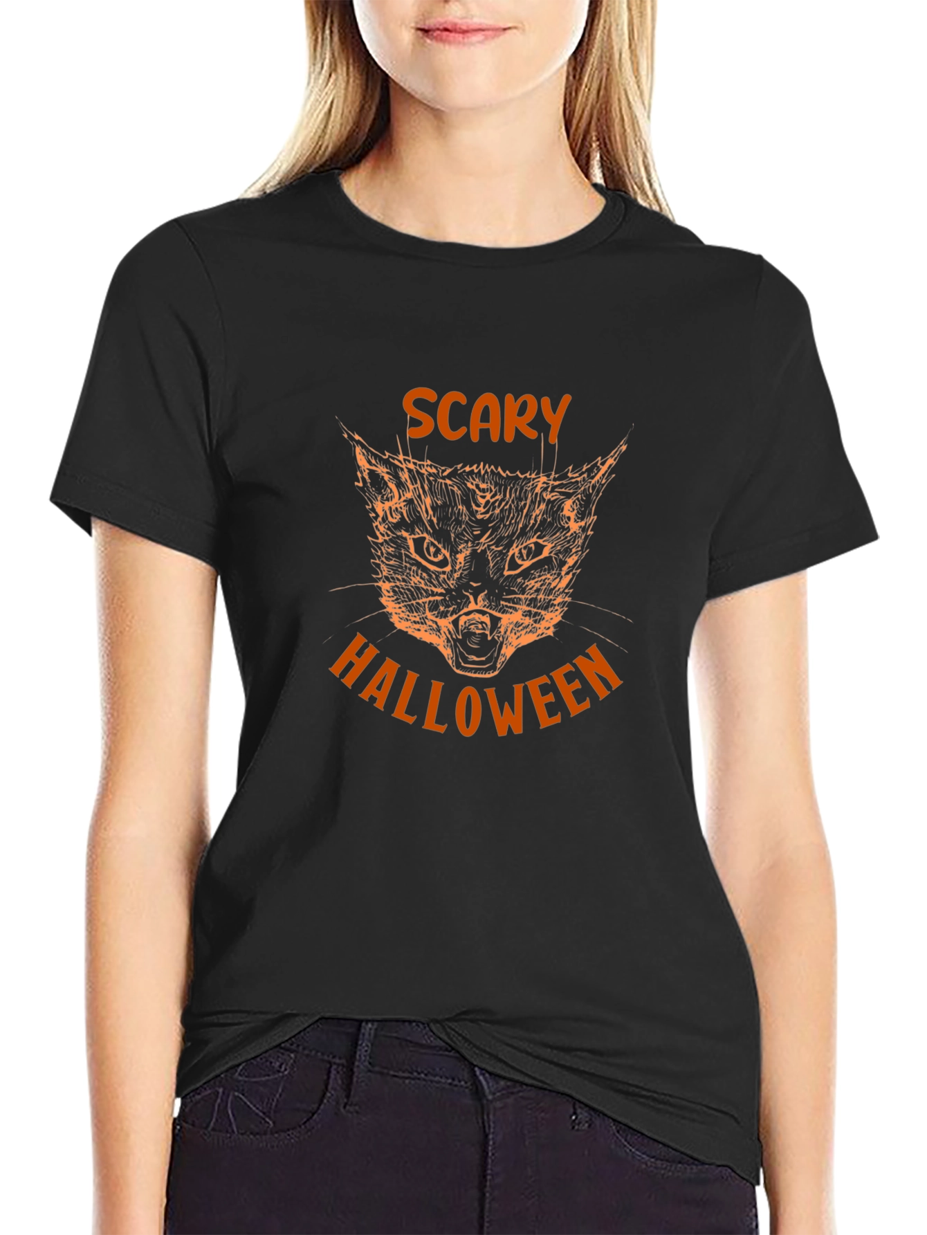 Scary Halloween Cat Graphic Tee - Black