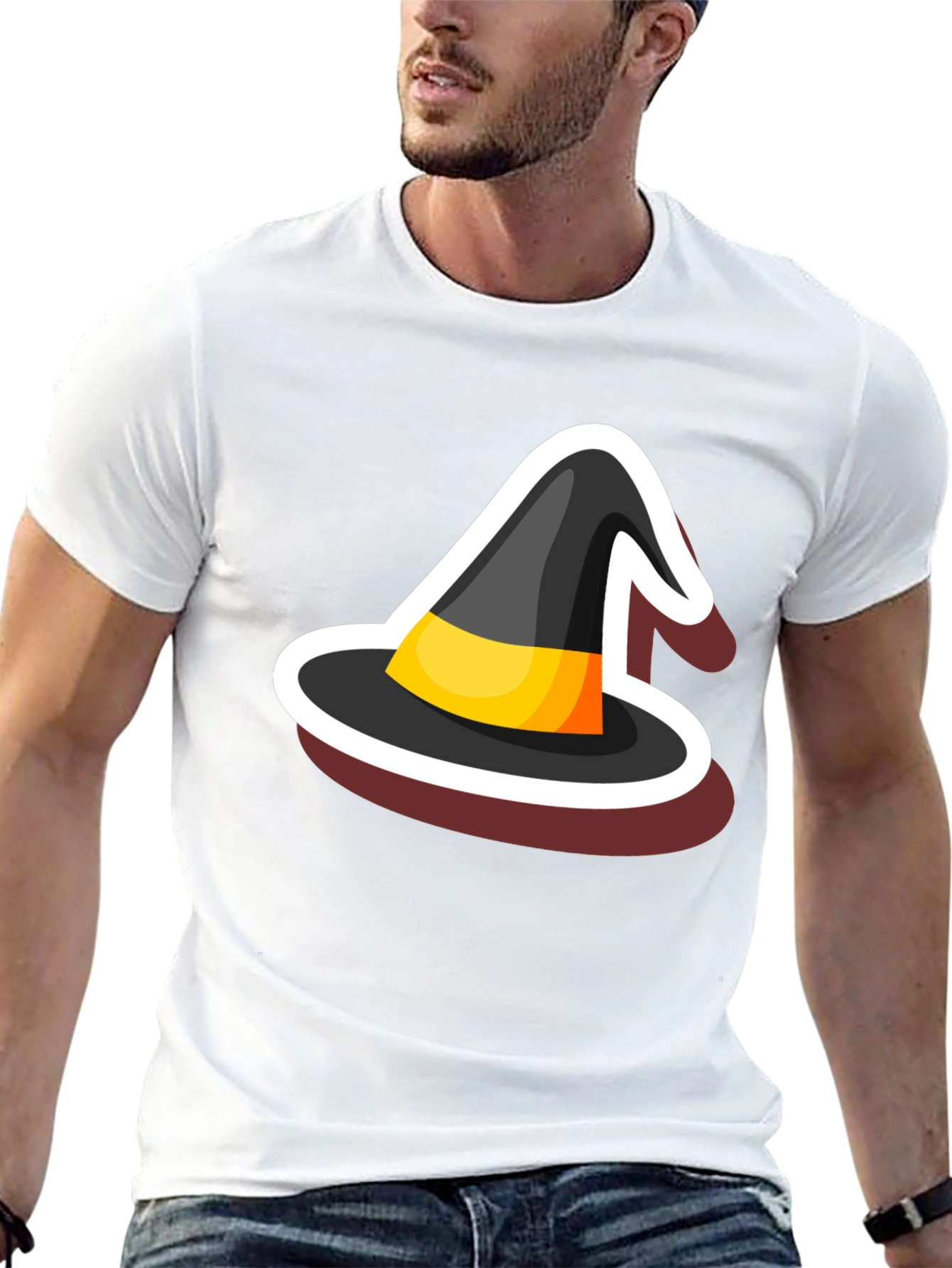 Halloween Witch Hat Graphic Tee - Black Cotton Blend