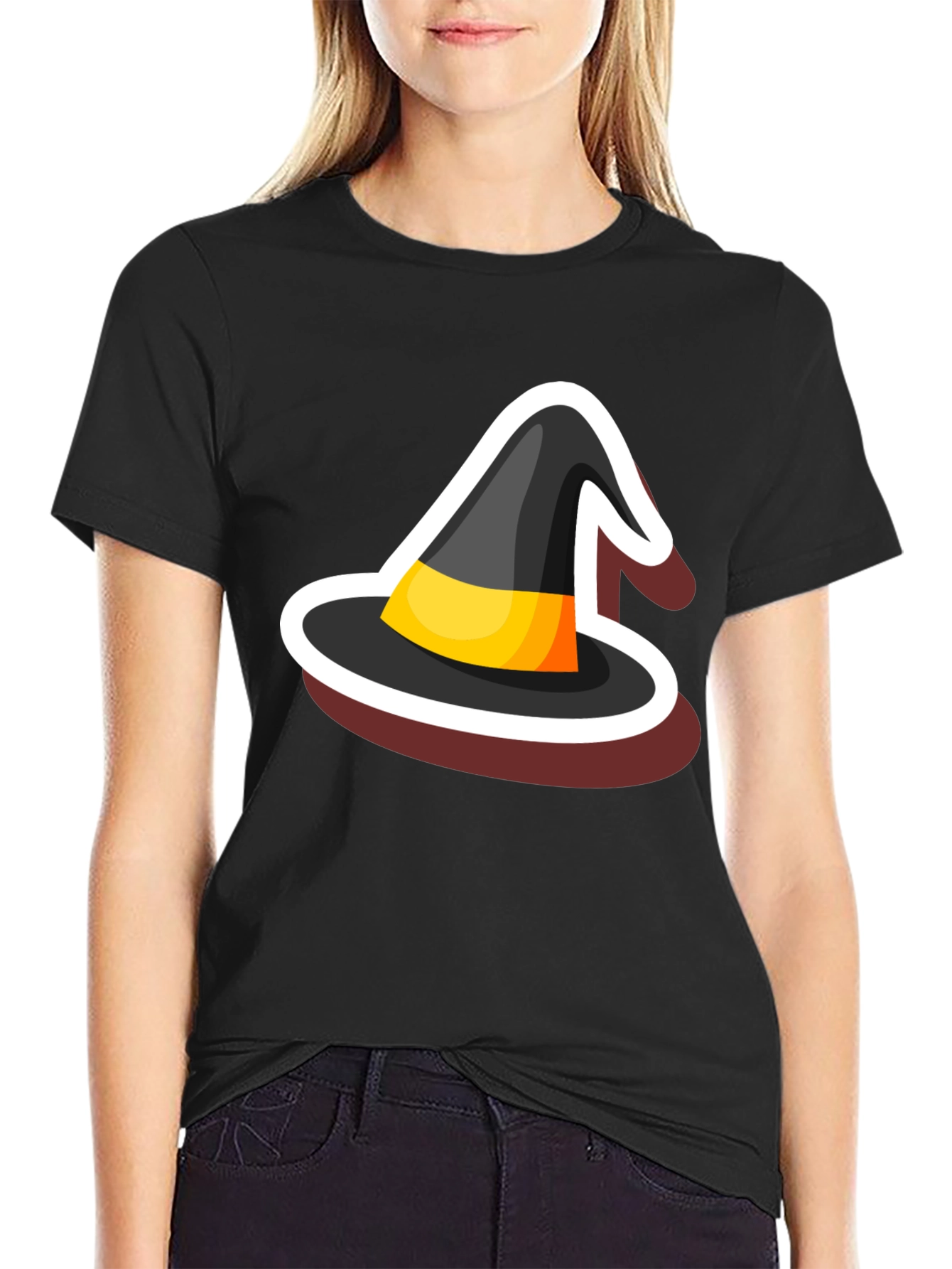 Halloween Witch Hat Graphic Tee - Black Cotton Blend