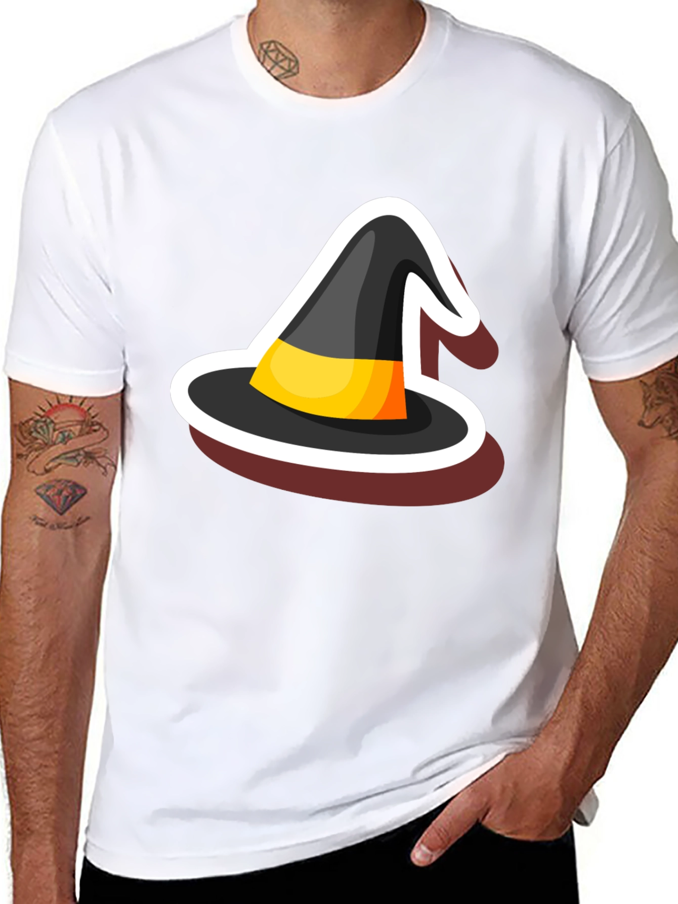 Halloween Witch Hat Graphic Tee - Black Cotton Blend