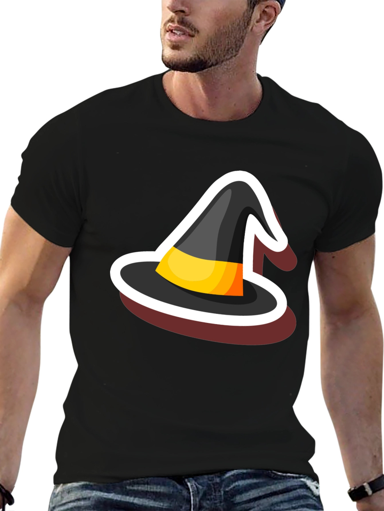 Halloween Witch Hat Graphic Tee - Black Cotton Blend