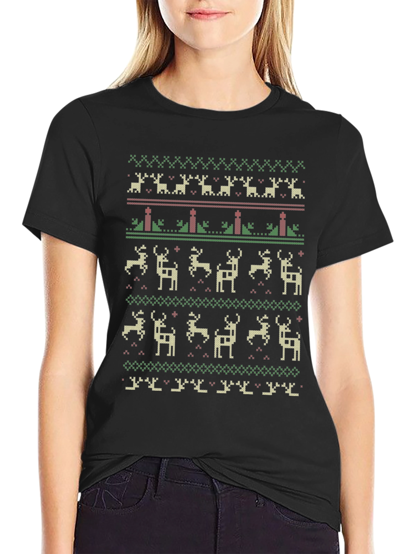 Festive Holiday Deer Pattern Crew Neck T-Shirt