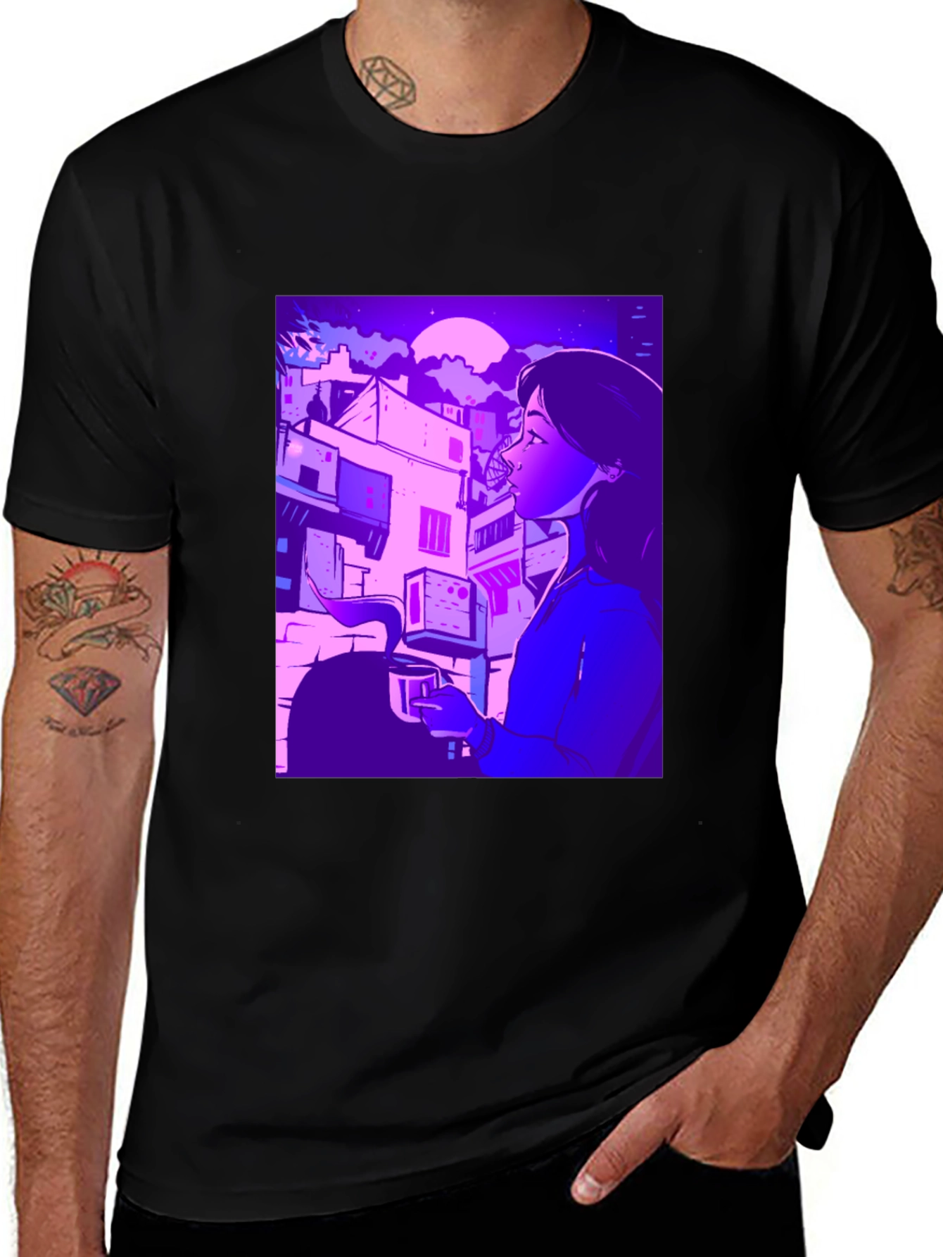 Artistic Urban Nightscape T-Shirt - Black