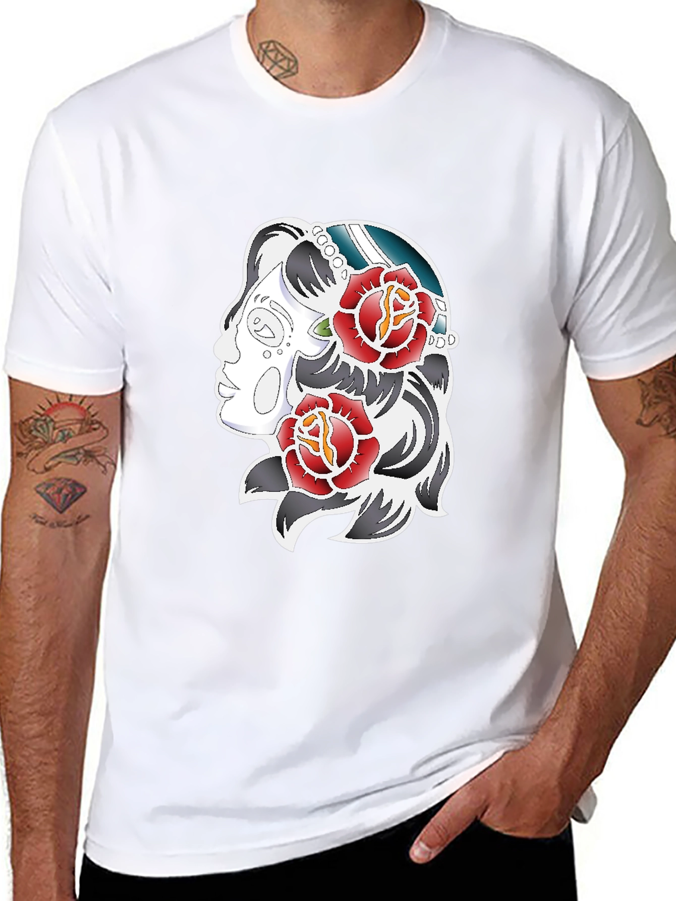 Rose Tattoo Graphic Print Tee - Black