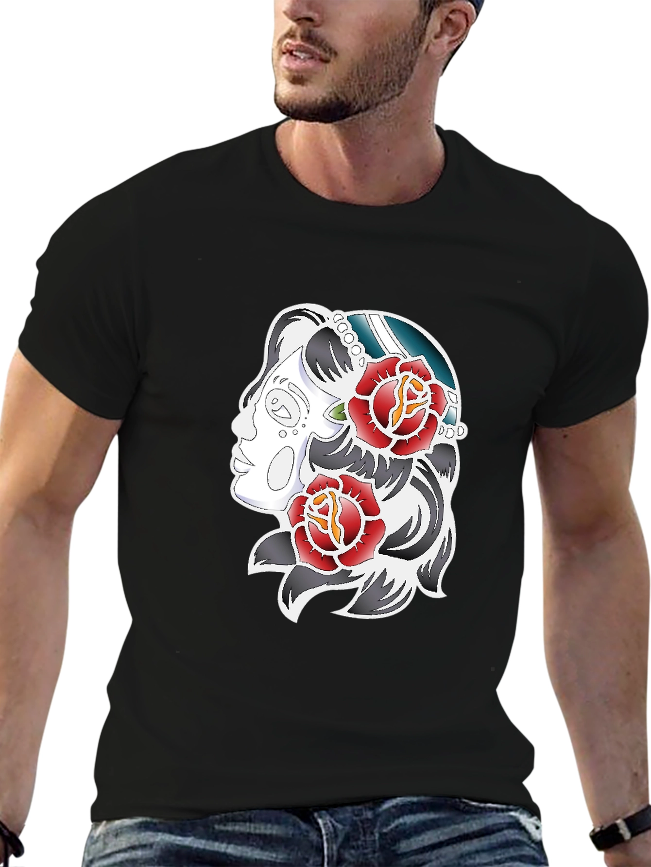 Rose Tattoo Graphic Print Tee - Black